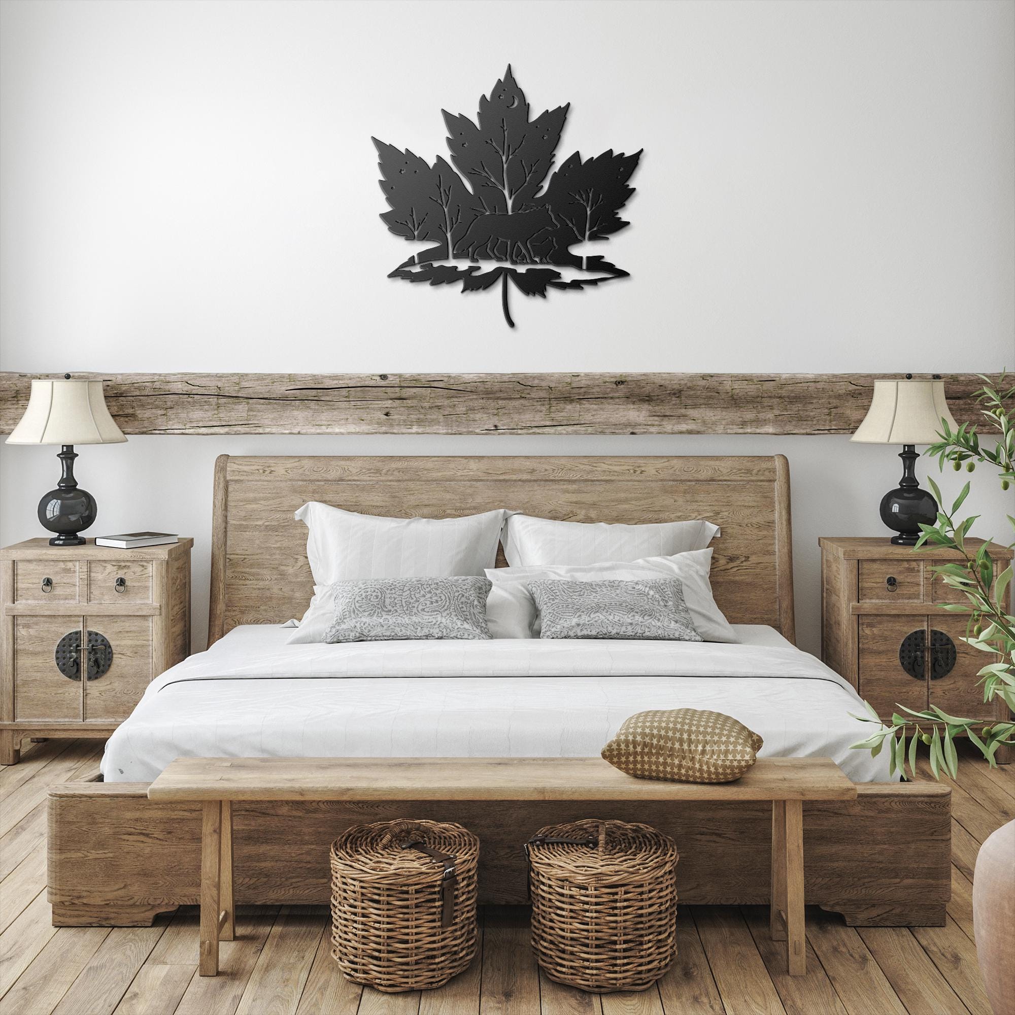Wolf Silhouette Maple Leaf Sign, Forest Wilderness Decor, Canadian Nature Wall Art