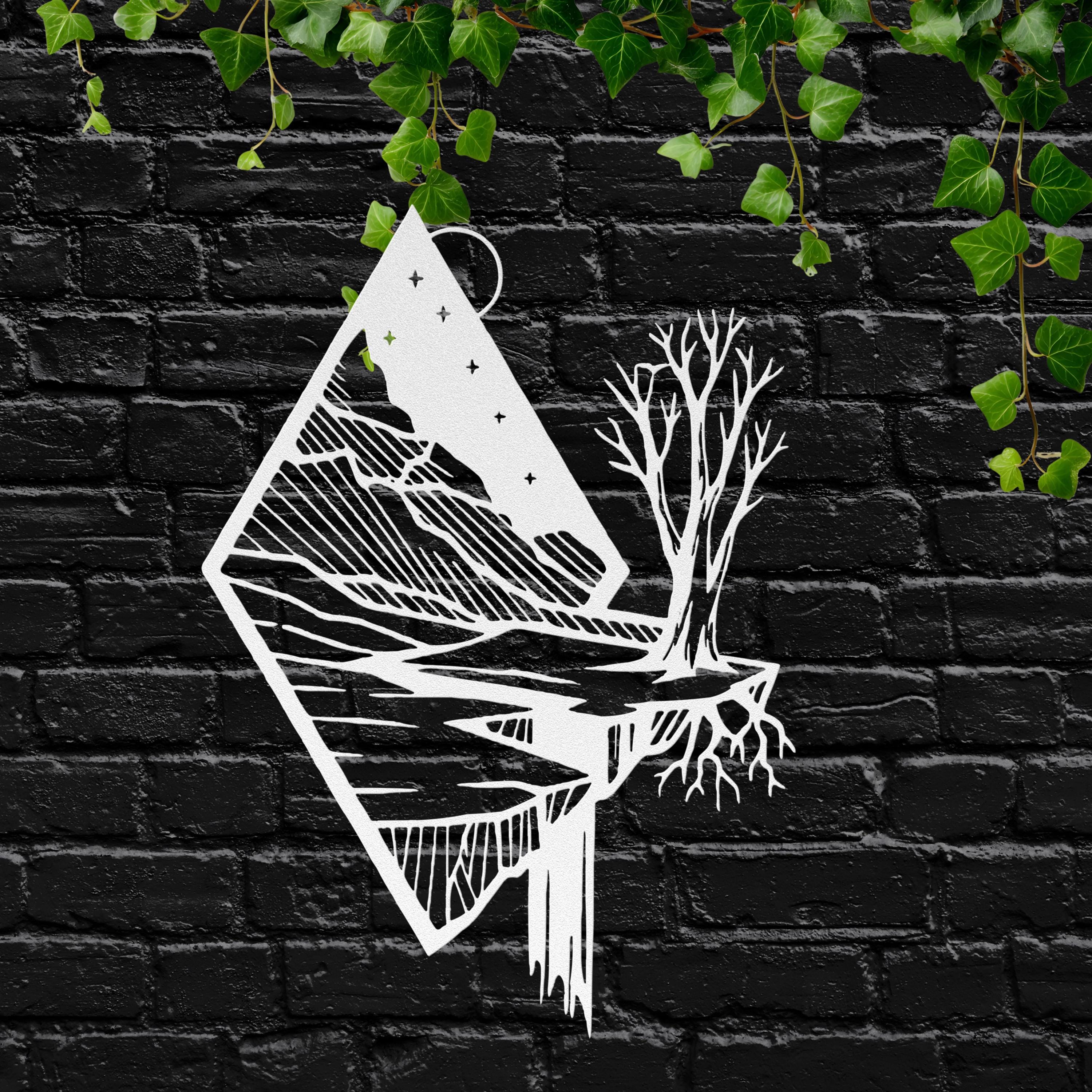 Geometric Mountain Metal Wall Art, Waterfall Nature Decor, Diamond Tree Sign, Outdoor Gift