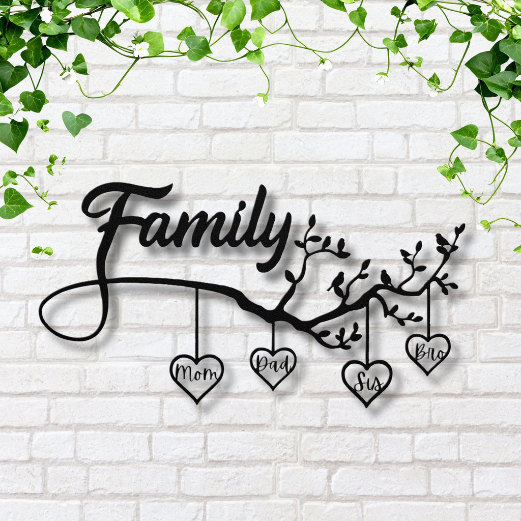 Personalized Family Tree Sign - Custom Metal Wall Art With Hanging Heart Names