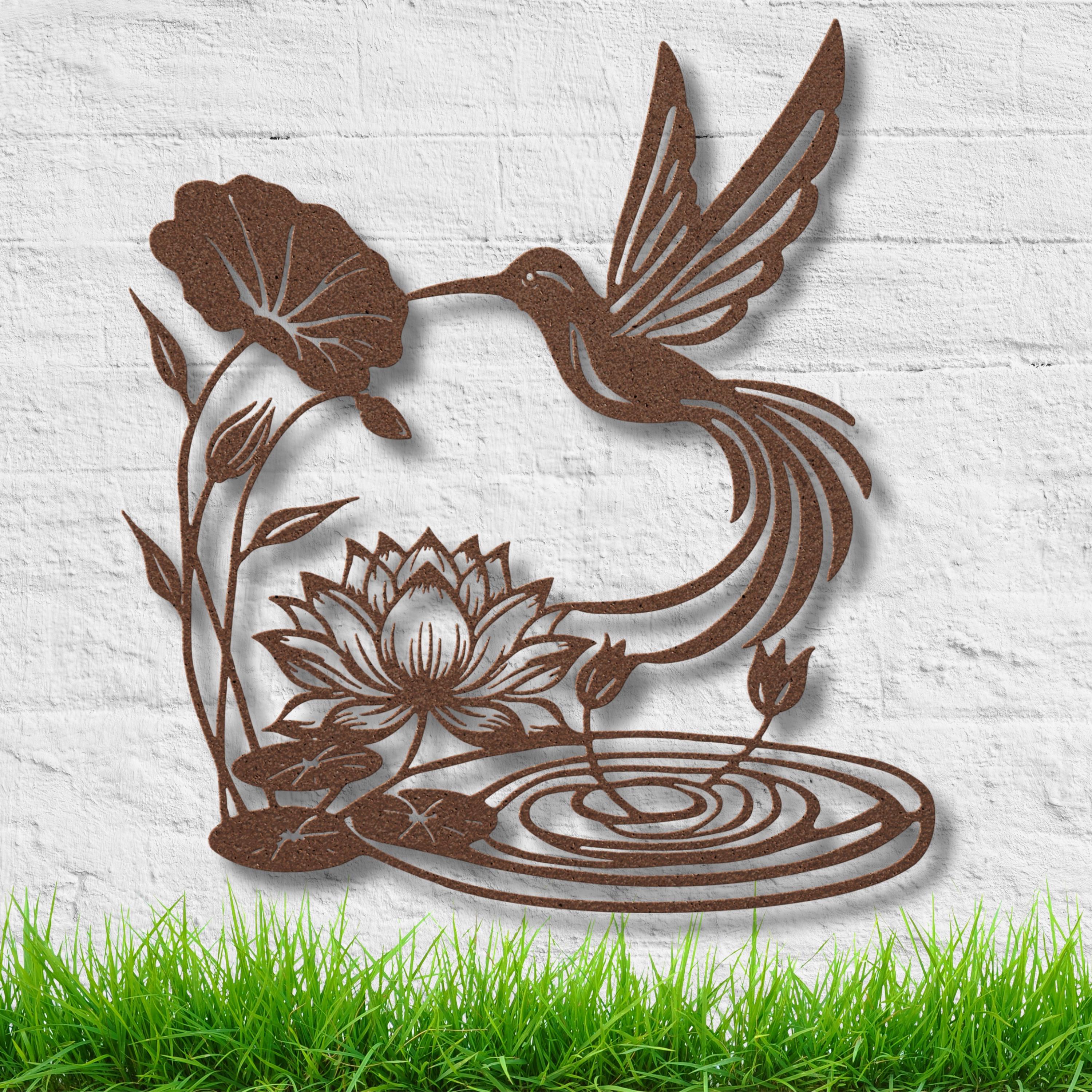 Metal Wall Art – Hummingbird & Lotus Flower Garden Sign | Black Steel Silhouette
