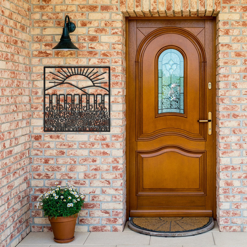 Metal Garden Fence Wall Art, Sunrise Landscape, Spring Flowers