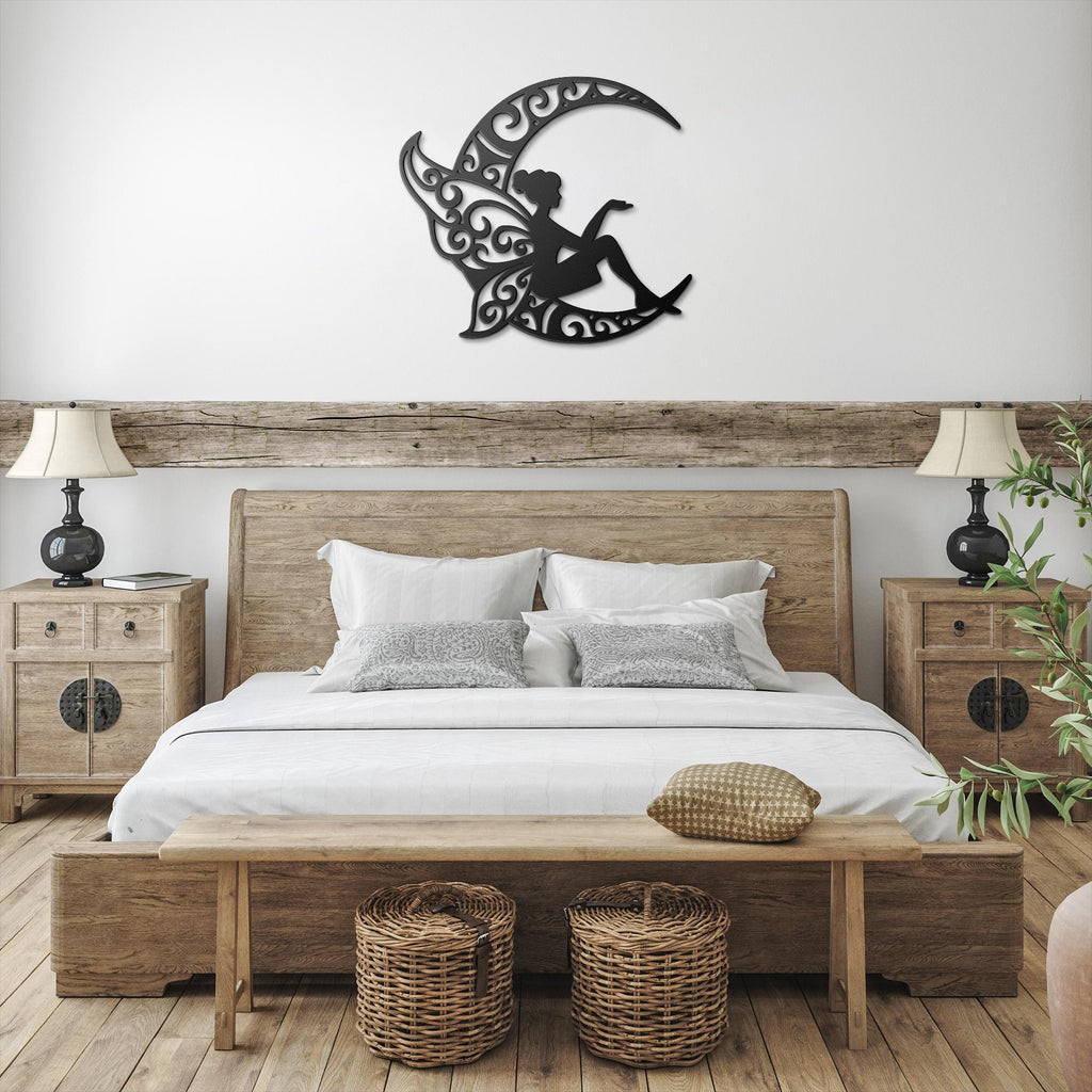 Fairy Metal Art – Crescent Moon Sign | Whimsical Wall Decor, Unique Black Nursery Hanging