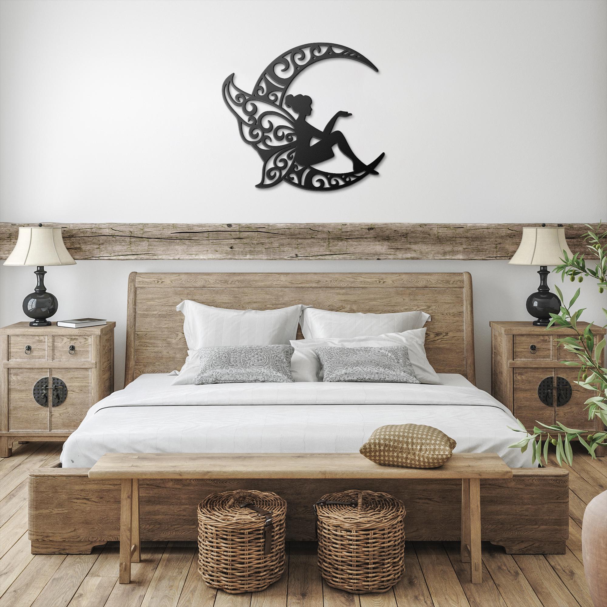 Fairy Metal Art – Crescent Moon Sign | Whimsical Wall Decor, Unique Black Nursery Hanging