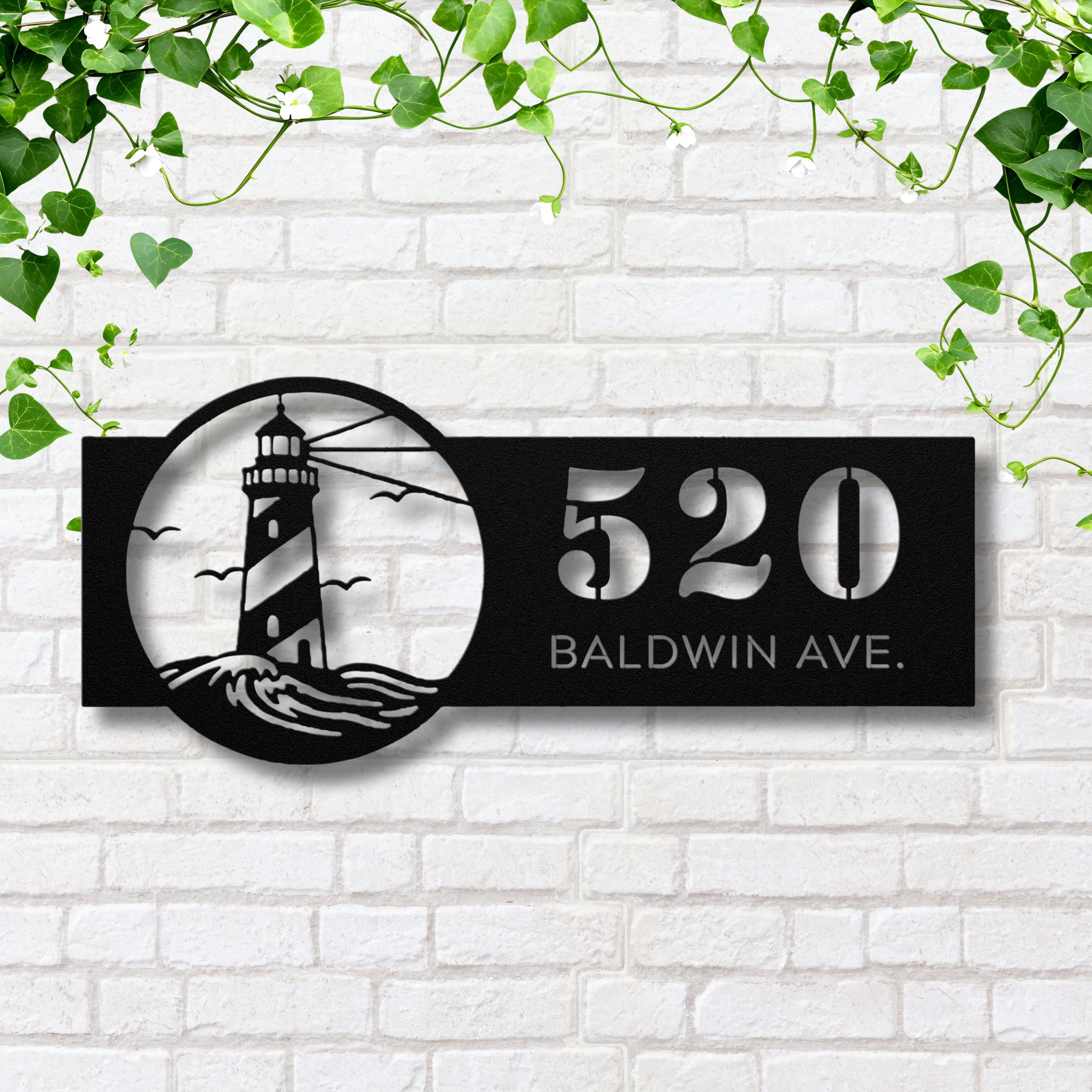 Personalized Lighthouse Address Metal Sign | Custom Number and Street Coastal Home Decor | Die-Cut Beach Gift