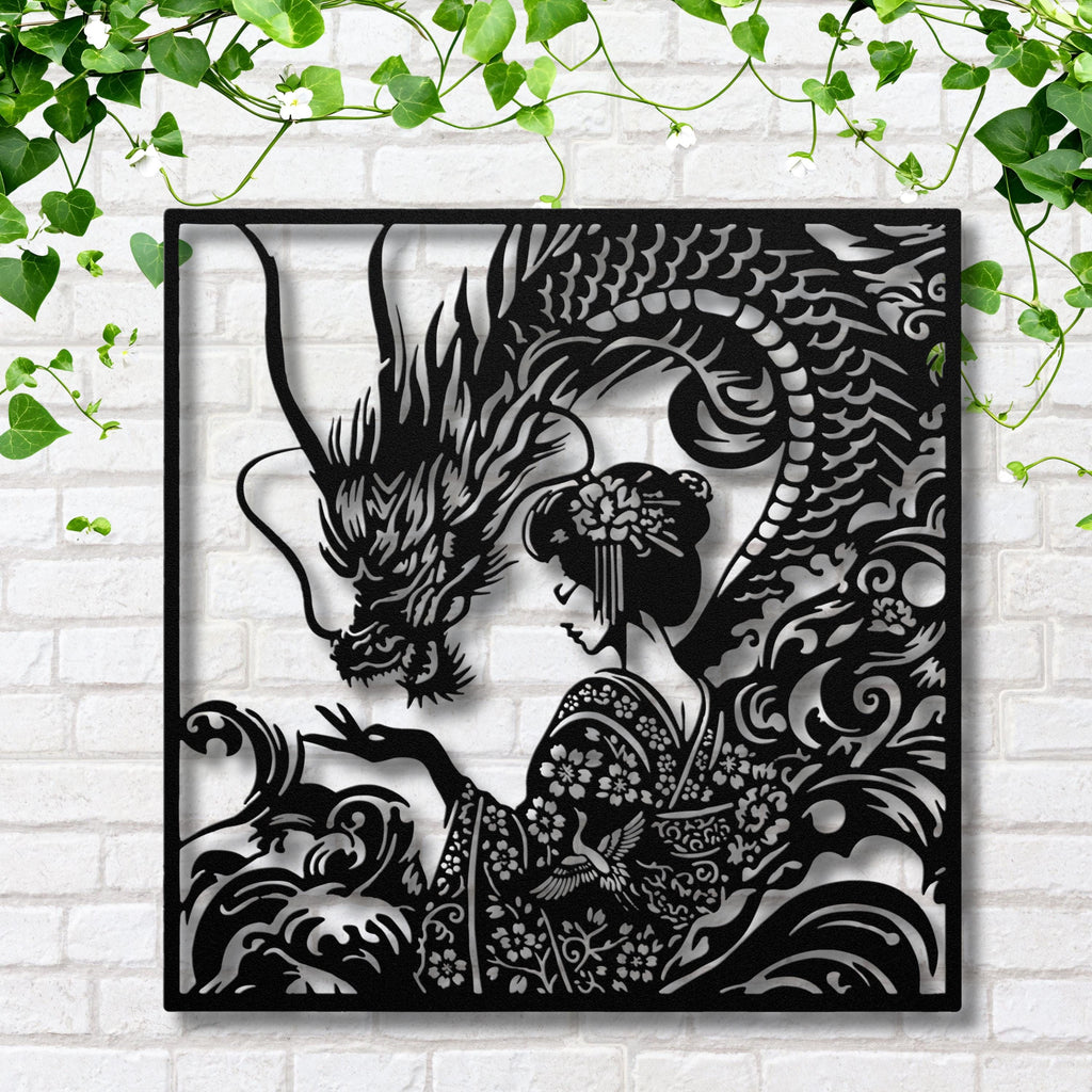 Dragon and Geisha Metal Wall Art, Japanese Floral Decor, Oriental Mythical Sign, Kimono Art
