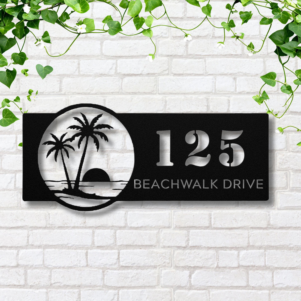 Personalized Palm Tree Address Metal Sign | Custom Number and Street Tropical Home Decor | Die-Cut Beach Gift