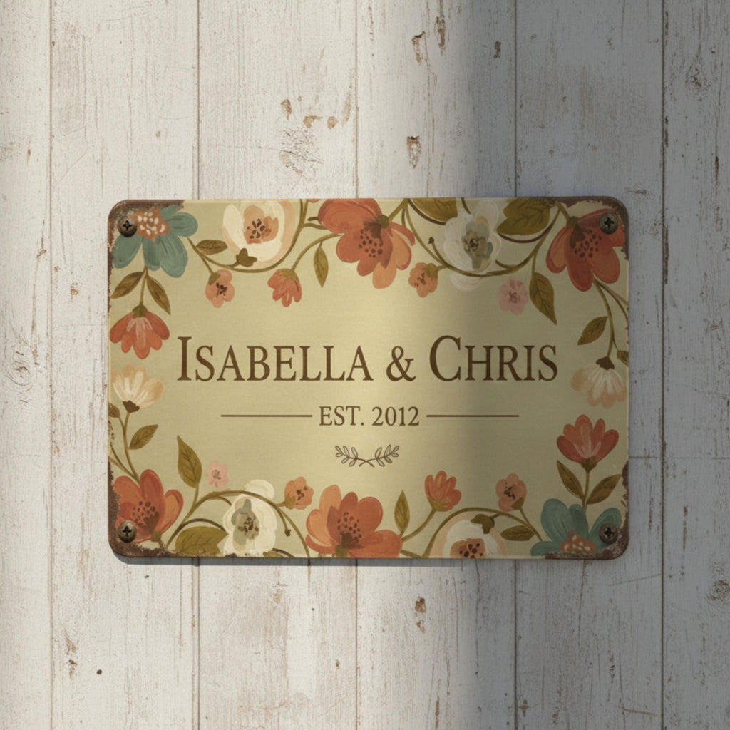 Personalized Couple Anniversary Metal Sign, Floral Established Date Plaque, Wedding Gift Art
