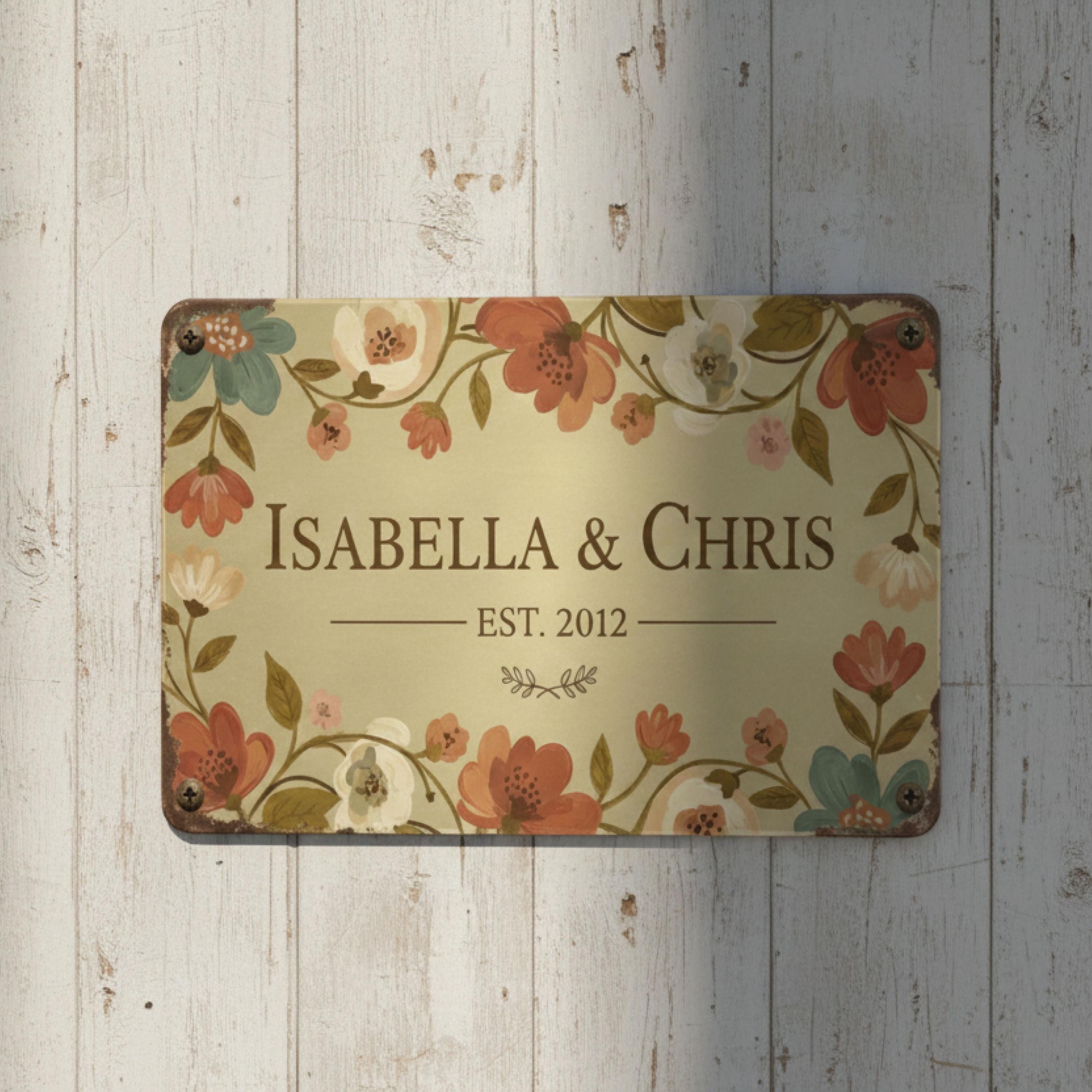Personalized Couple Anniversary Metal Sign, Floral Established Date Plaque, Wedding Gift Art