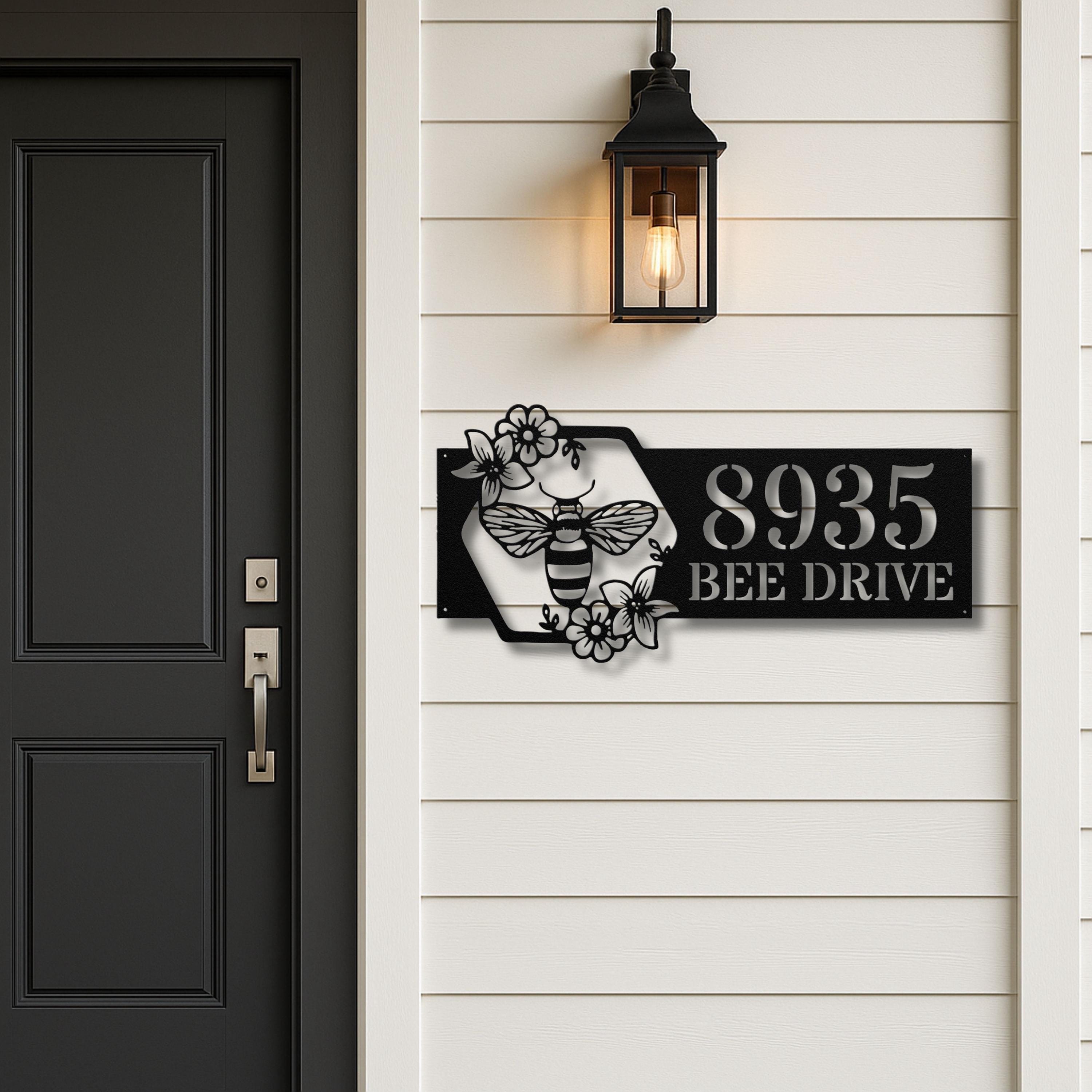 Custom Bee Honeycomb Metal Address Sign, Personalized Flower House Number, Garden Plaque