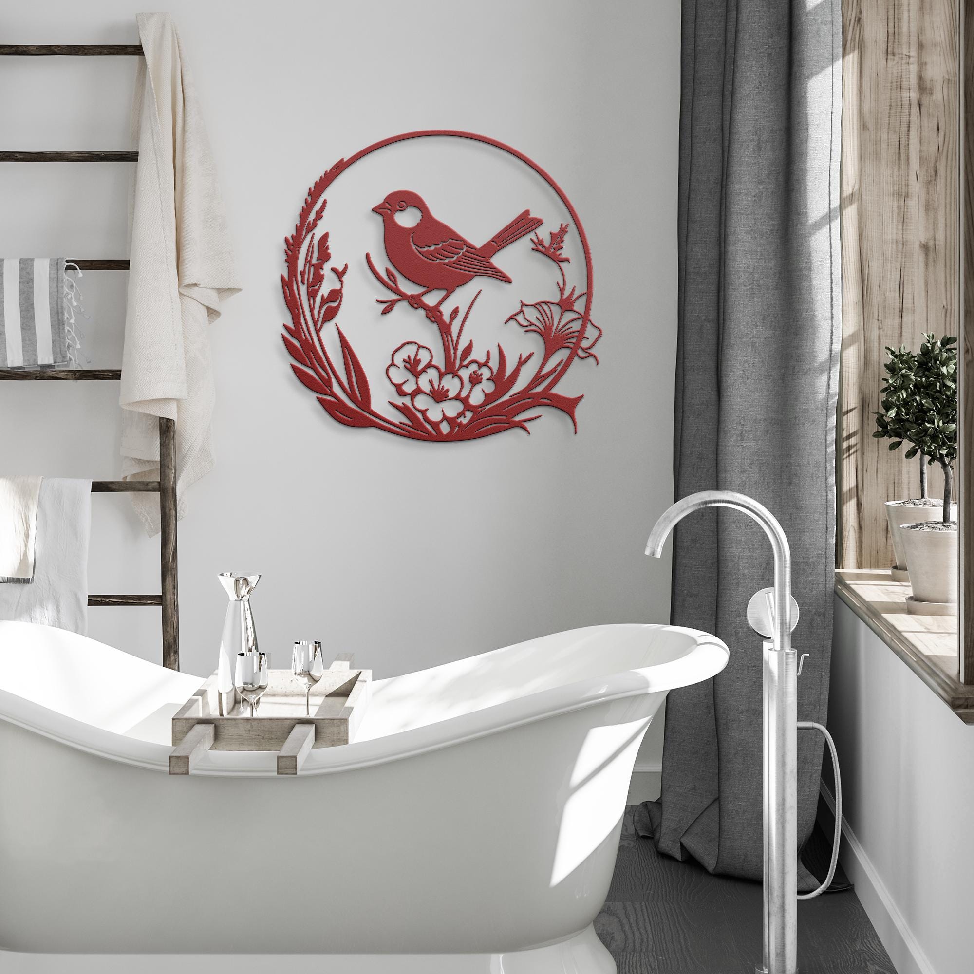 Metal Bird Wall Art, Floral Branch Silhouette, Nature Inspired Decor