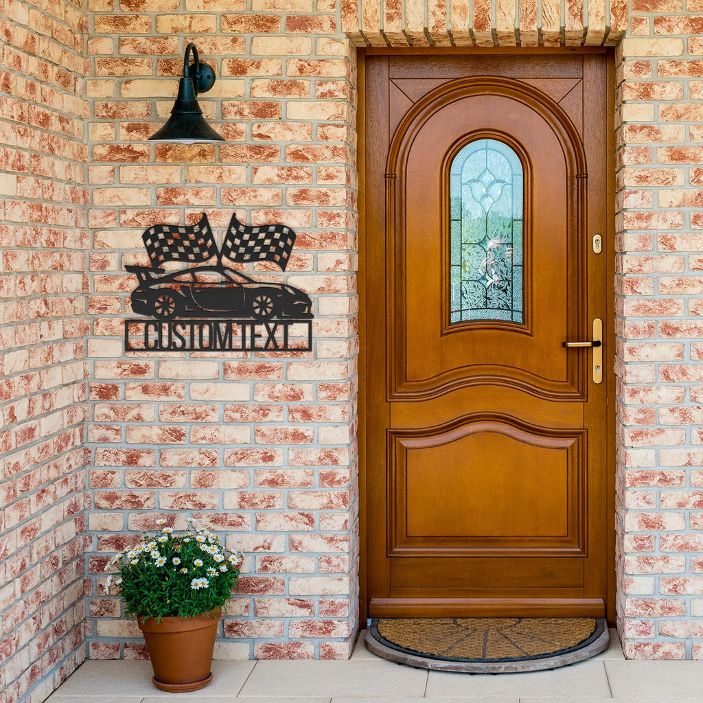 Custom Race Car Metal Sign, Racing Flags Garage Decor