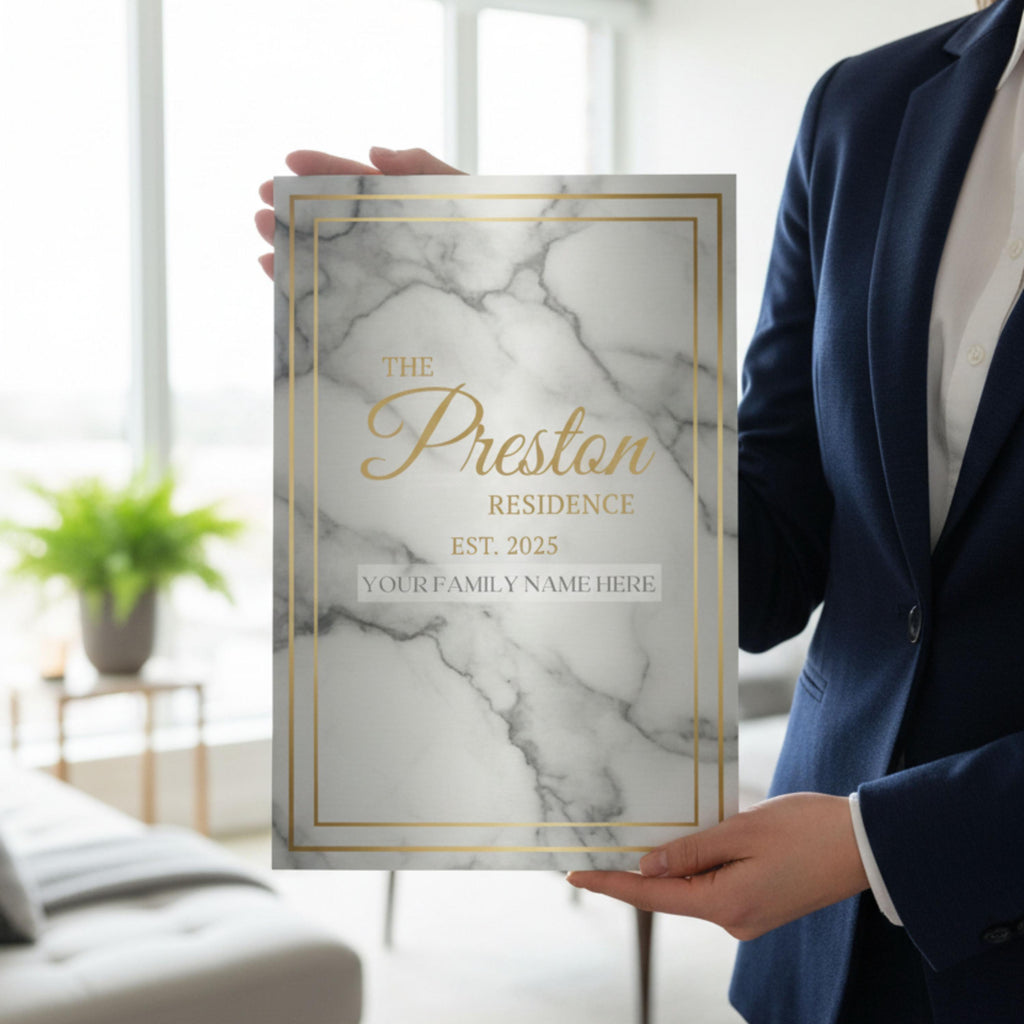 Custom Metal Sign - Personalized Family Name Marble Gold Plaque | Luxury Home Decor