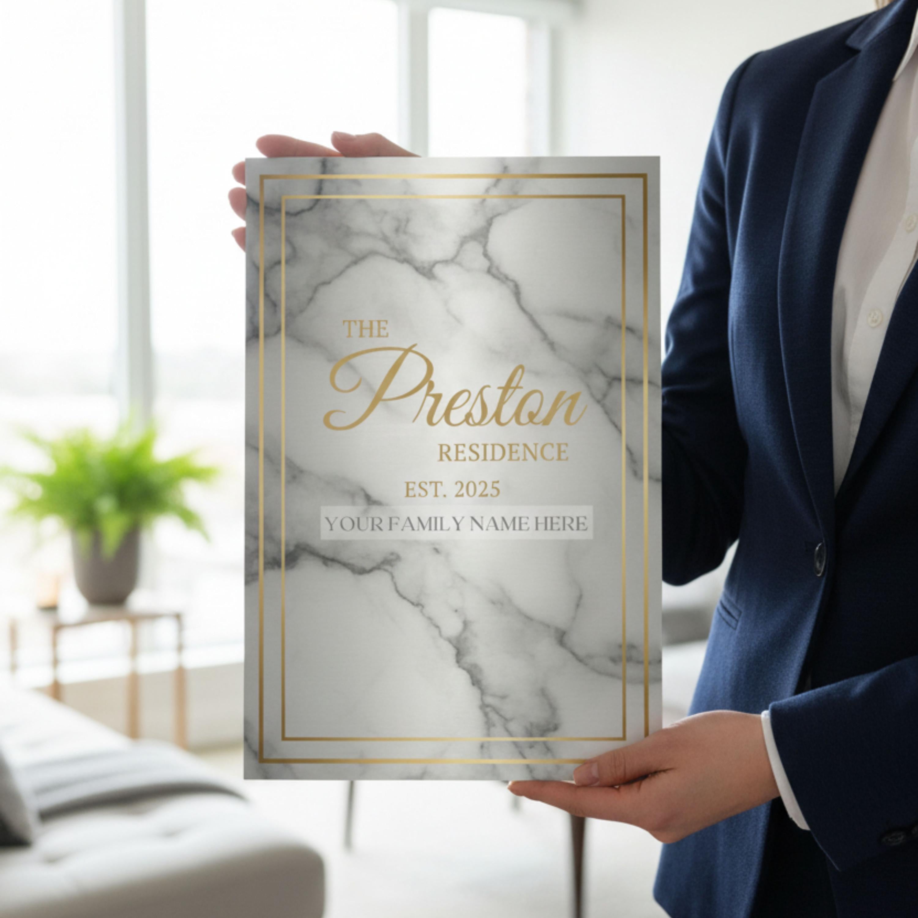 Custom Metal Sign - Personalized Family Name Marble Gold Plaque | Luxury Home Decor