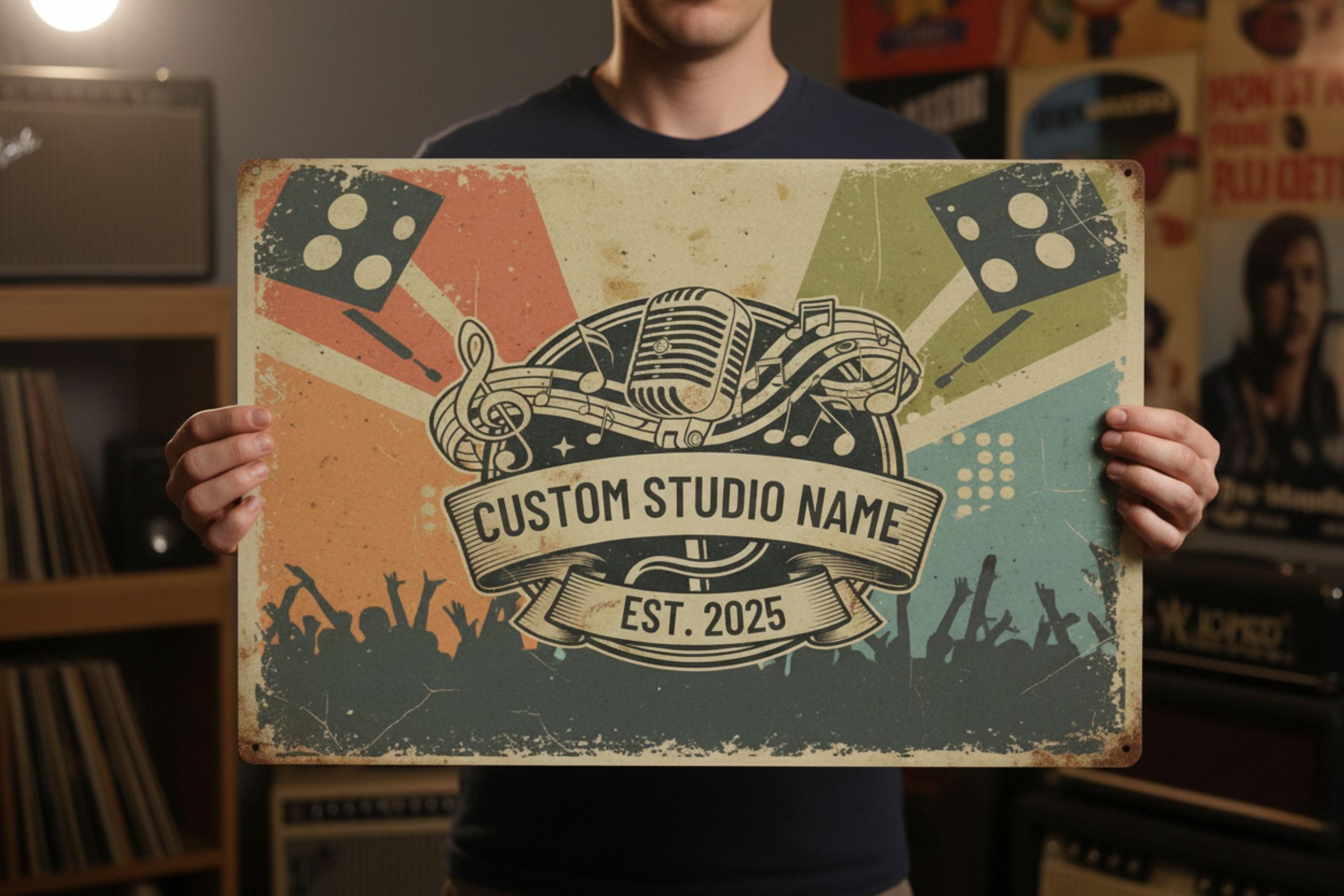 Custom Studio Sign - Vintage Music Decor | Personalized Metal Plaque for Recording Studio