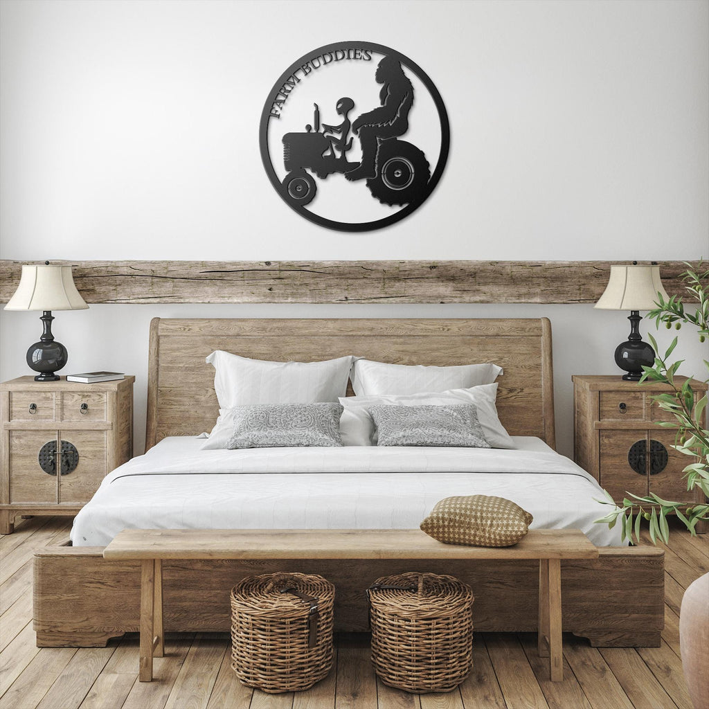 Farm Buddies Metal Sign: Alien & Gorilla on Tractor, Custom Powder Coat