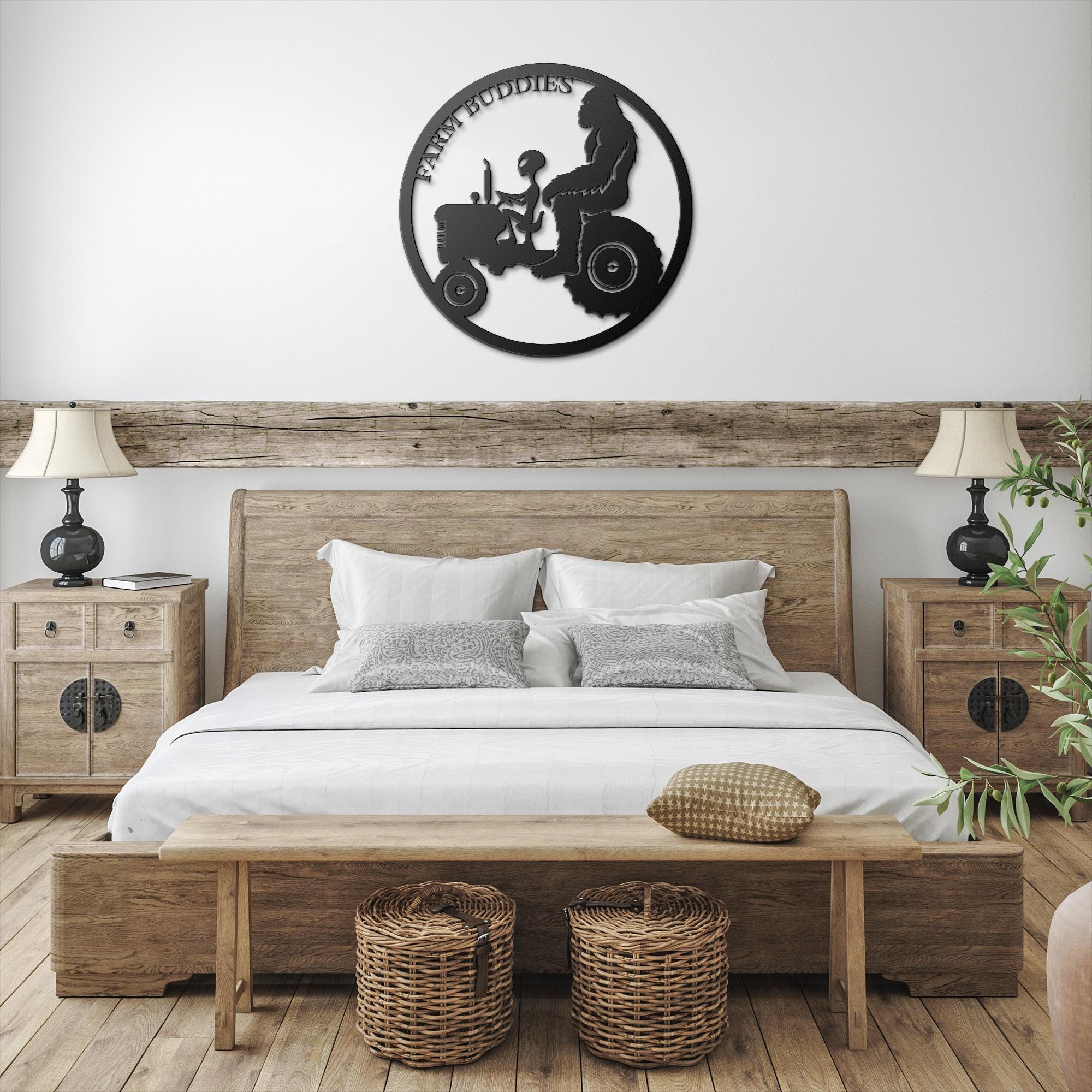 Farm Buddies Metal Sign: Alien & Gorilla on Tractor, Custom Powder Coat