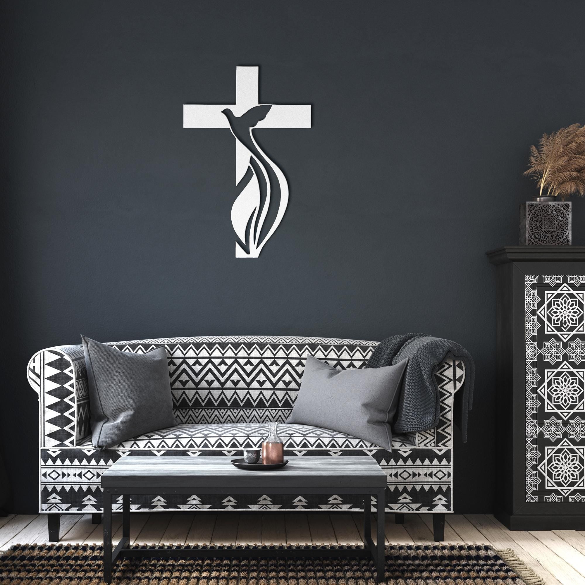 Cross Dove Metal Sign | Holy Spirit Christian Wall Art | Religious Symbol Silhouette | Baptism or Confirmation Gift