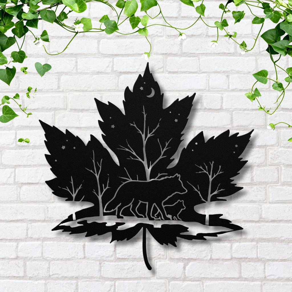 Wolf Silhouette Maple Leaf Sign, Forest Wilderness Decor, Canadian Nature Wall Art