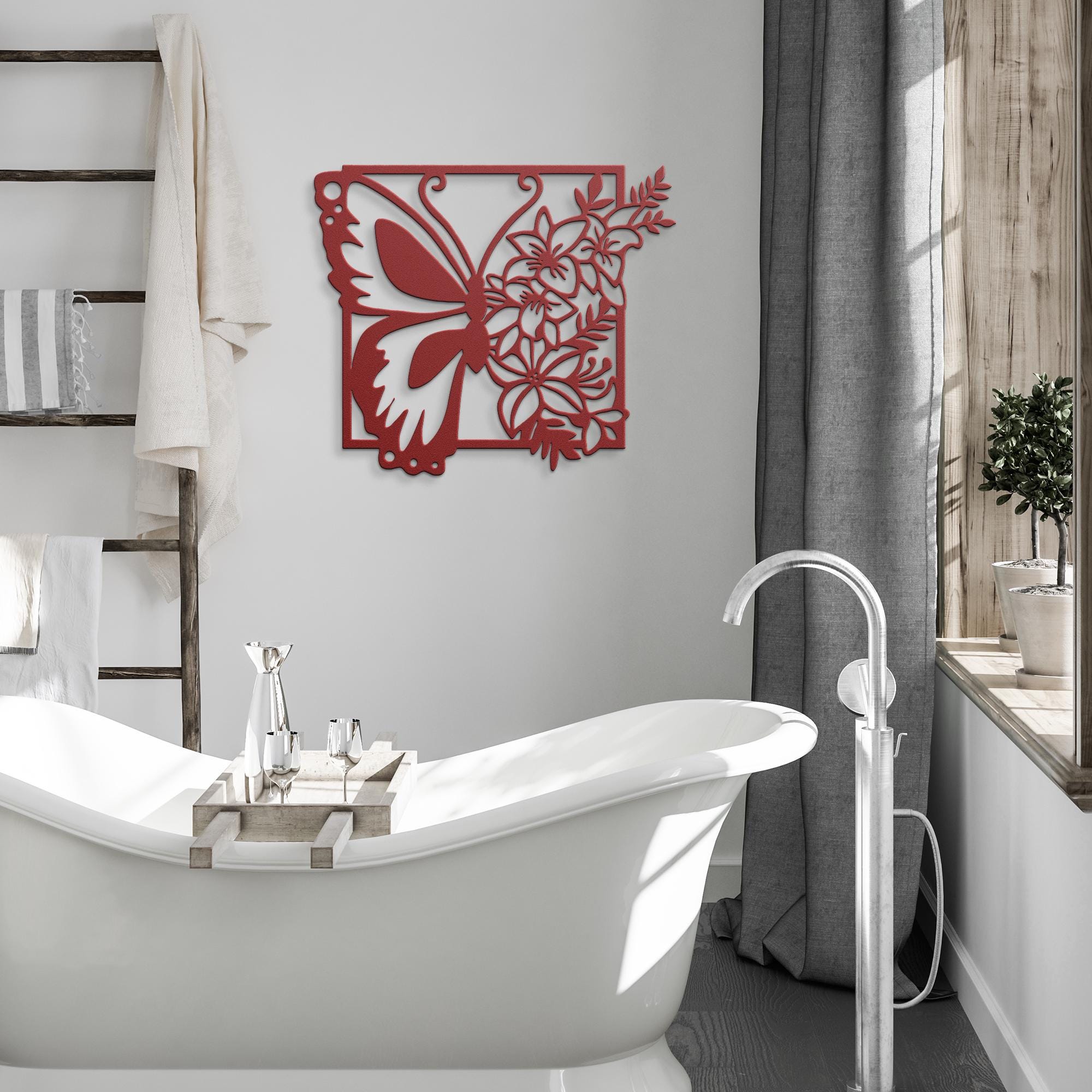 Butterfly Metal Wall Art, Floral Lily Garden Decor, Nature Inspired Sign, Spring Home Gift