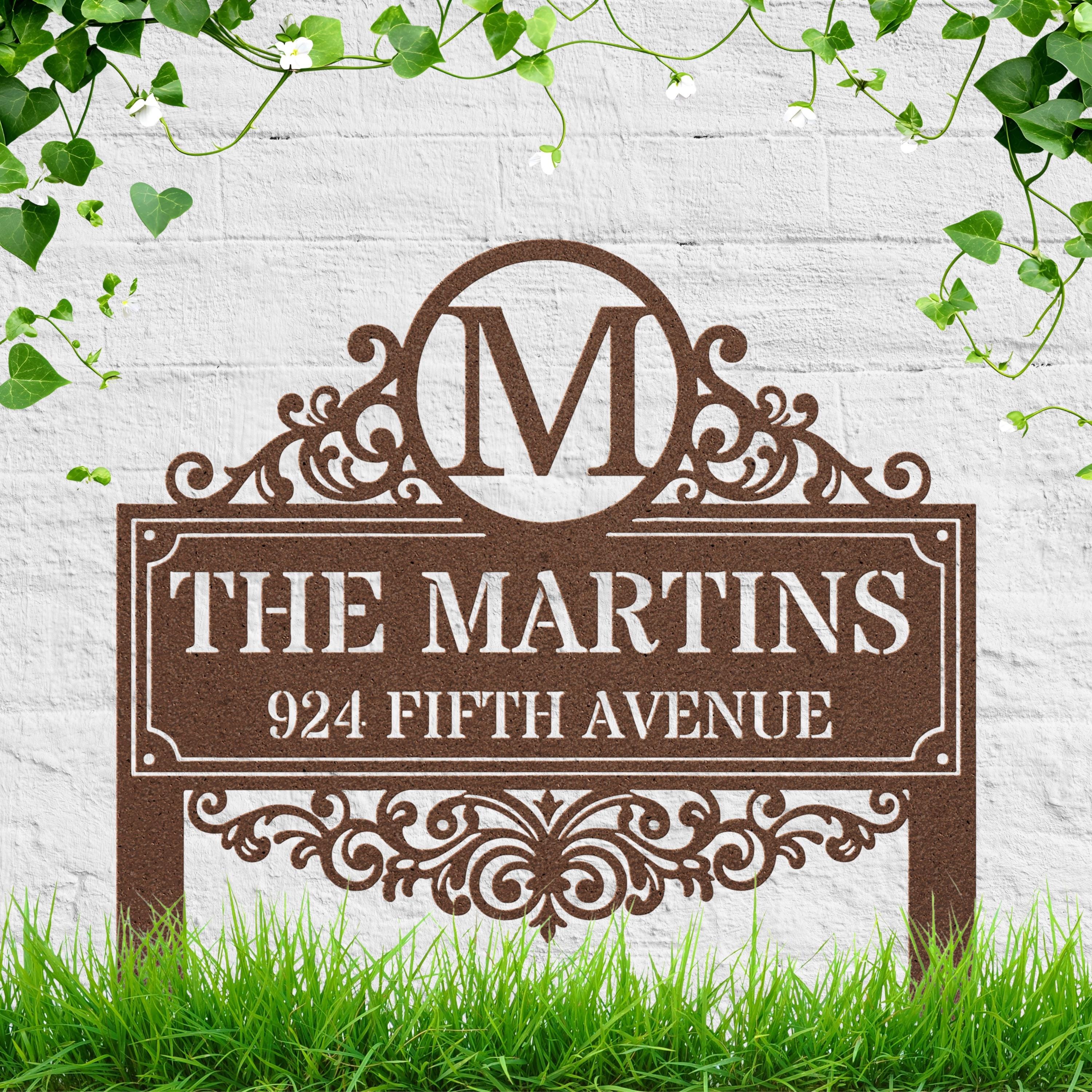 Monogram Metal Address Plaque, Personalized Family Name House Sign, Custom Elegant Home Decor Yard Stake