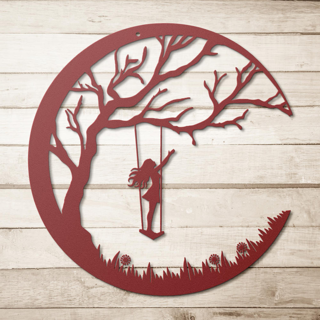 Girl on Swing Metal Wall Art, Crescent Moon Silhouette, Kids Room Decor