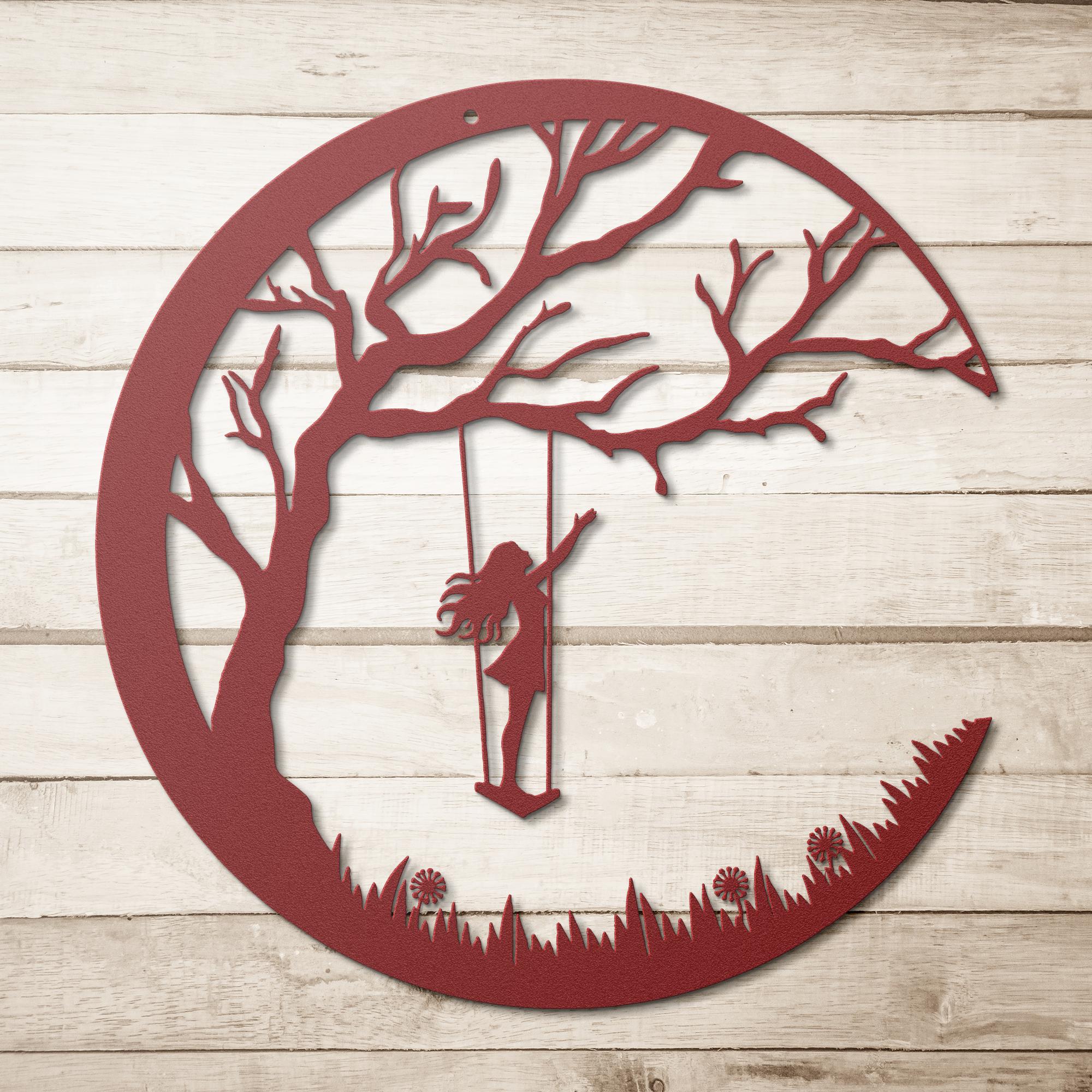 Girl on Swing Metal Wall Art, Crescent Moon Silhouette, Kids Room Decor