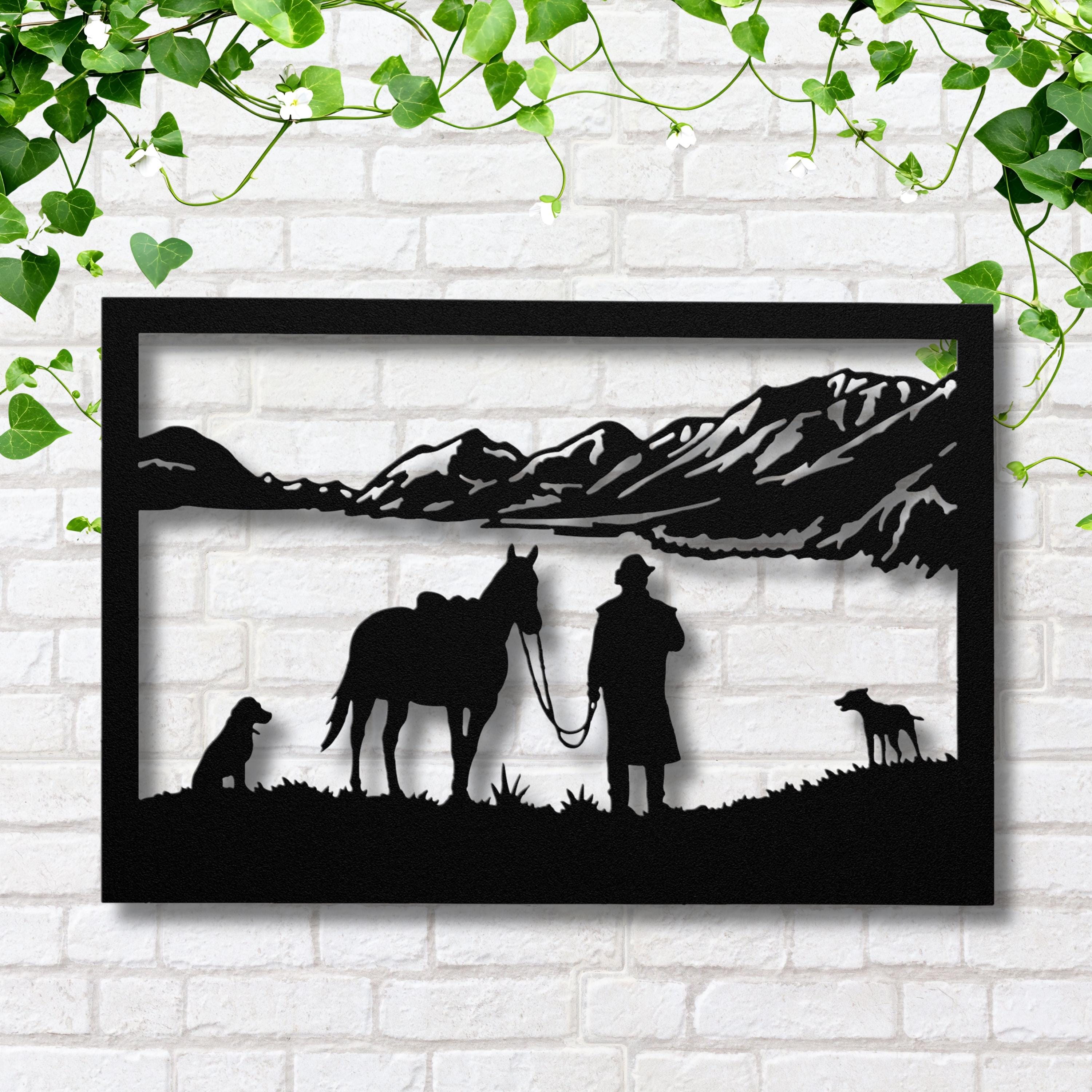 Cowboy Horse Dogs Metal Wall Art | Ranch & Lake Silhouette | Western Landscape Sign | Rustic Cabin Decor | Outdoor Gift