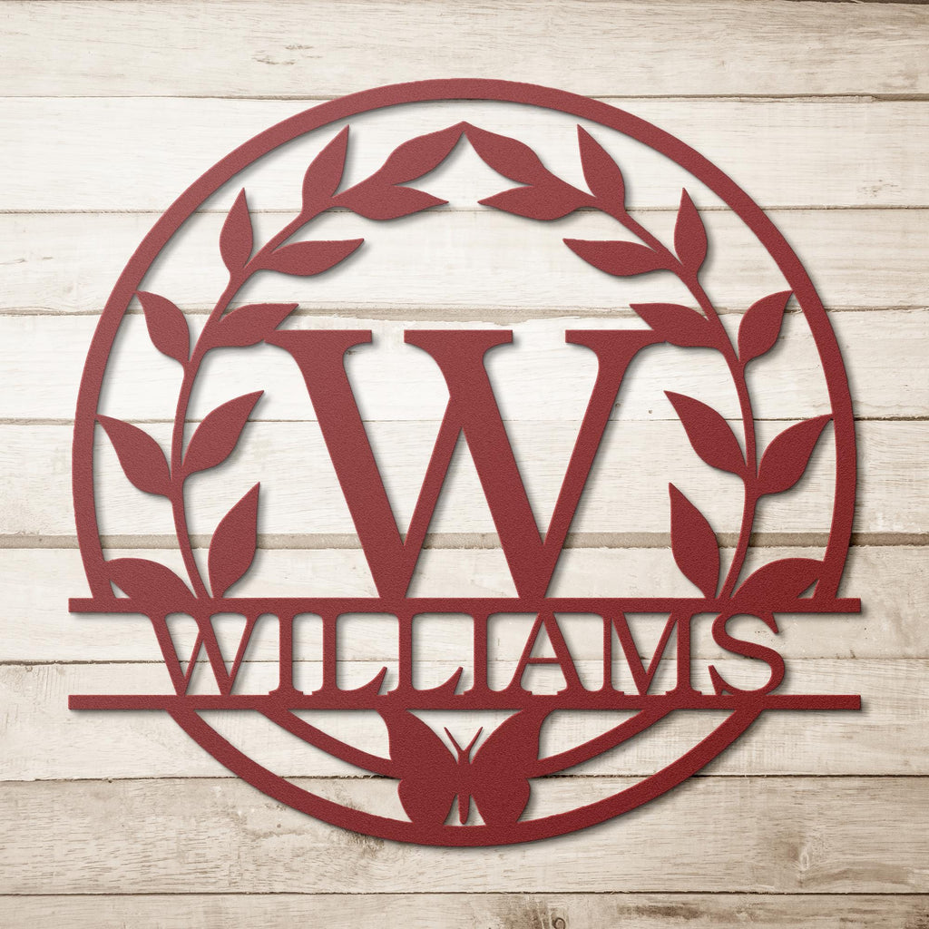 Custom Metal Last Name Sign, Butterfly Leaf Wreath, Anniversary Gift