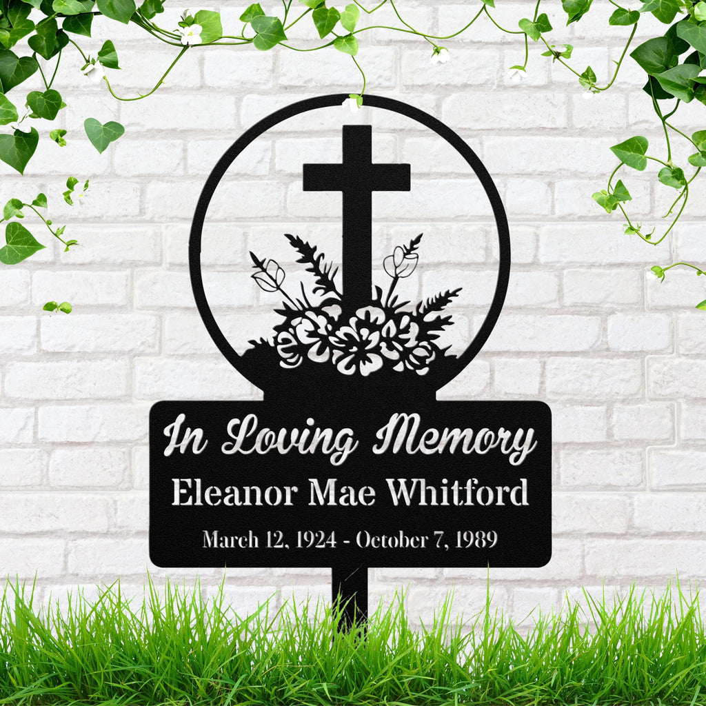 Personalized Cross Grave Marker, Flower Memorial Stake, Custom Remembrance Yard Sign