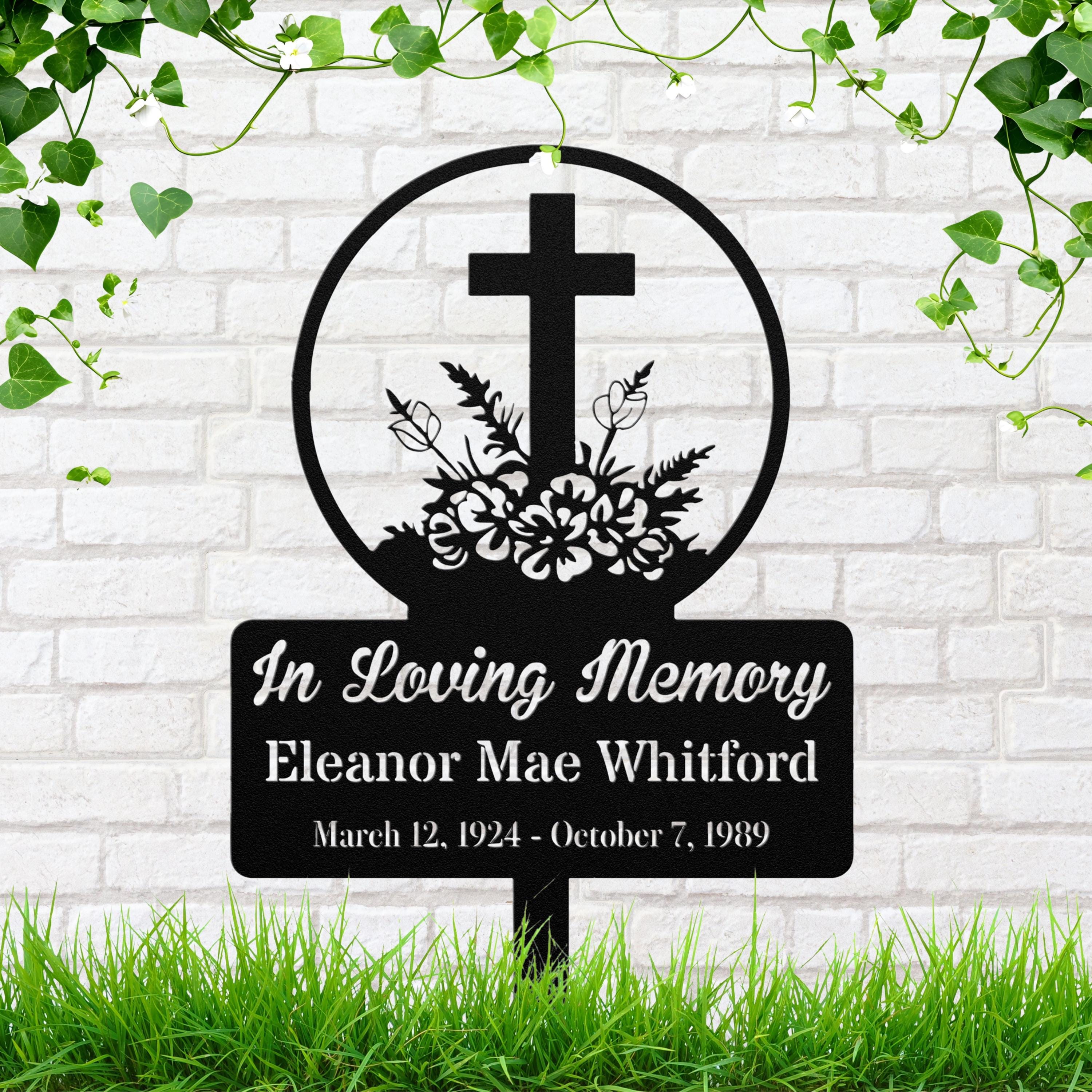 Personalized Cross Grave Marker, Flower Memorial Stake, Custom Remembrance Yard Sign