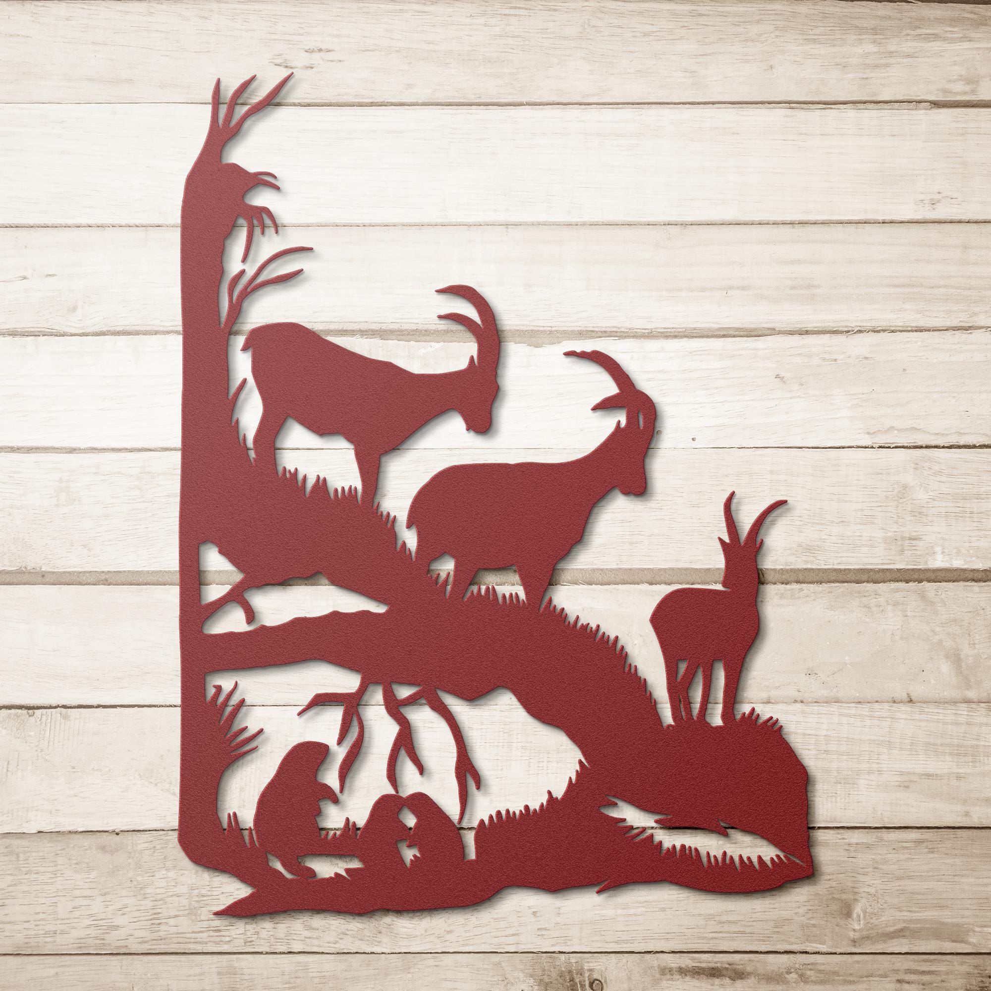 Ibex Mountain Metal Wall Art, Wildlife Silhouette Decor, Nature Cabin Sign, Rustic Forest Gift