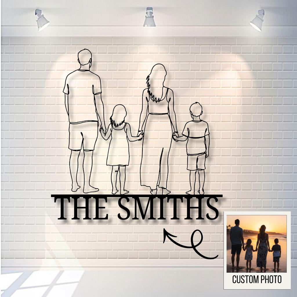 Custom Family Metal Sign – Personalized Line Art Silhouette with Last Name Banner
