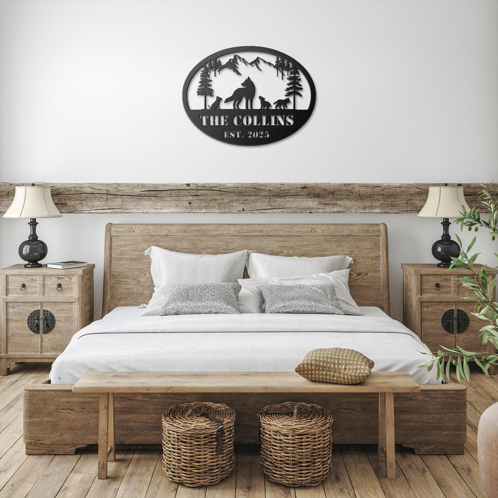 Personalized Wolf Sign | Custom Metal Sign With Wolf Pack Silhouette & Mountain Wall Art