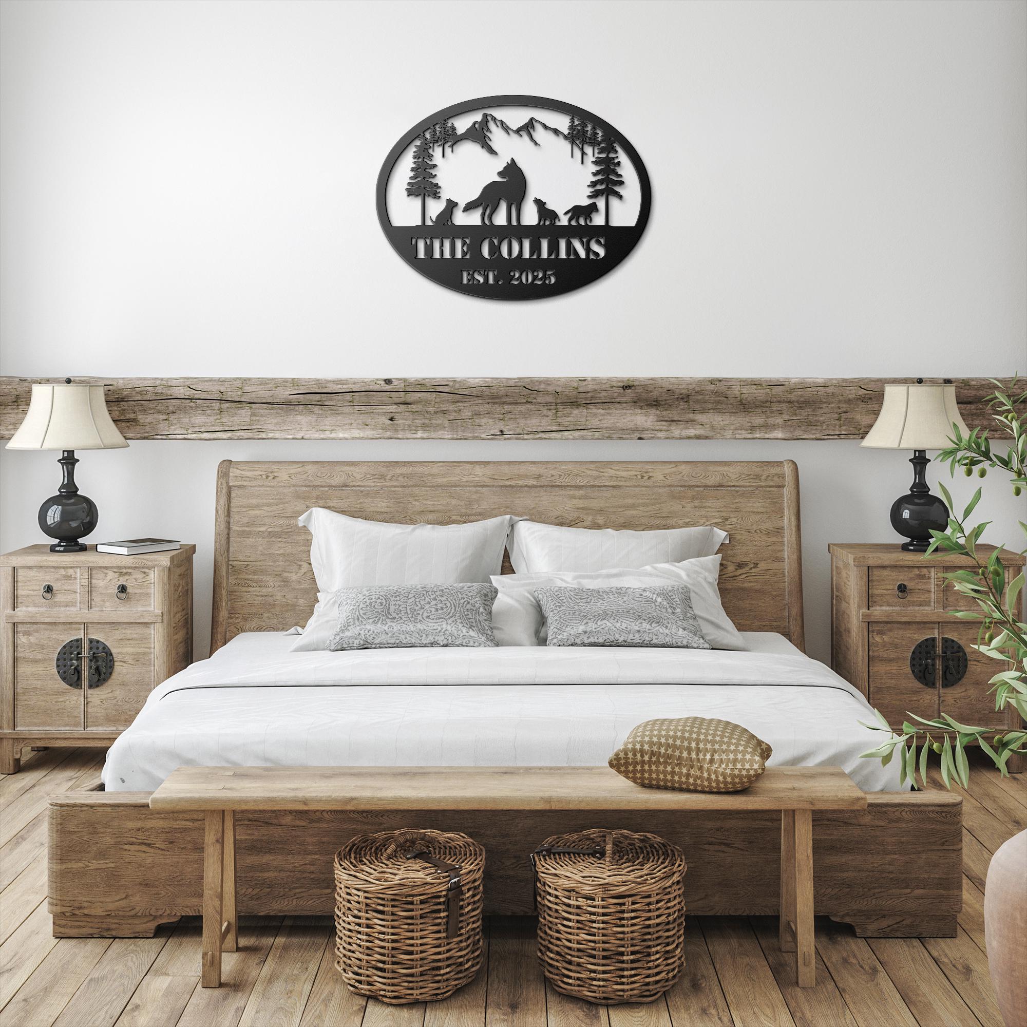 Personalized Wolf Sign | Custom Metal Sign With Wolf Pack Silhouette & Mountain Wall Art