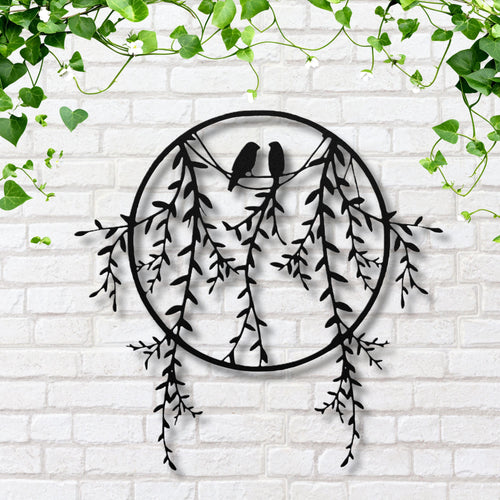 Birds On Branch Metal Art - Willow Tree Wall Decor With Love Bird Silhouette