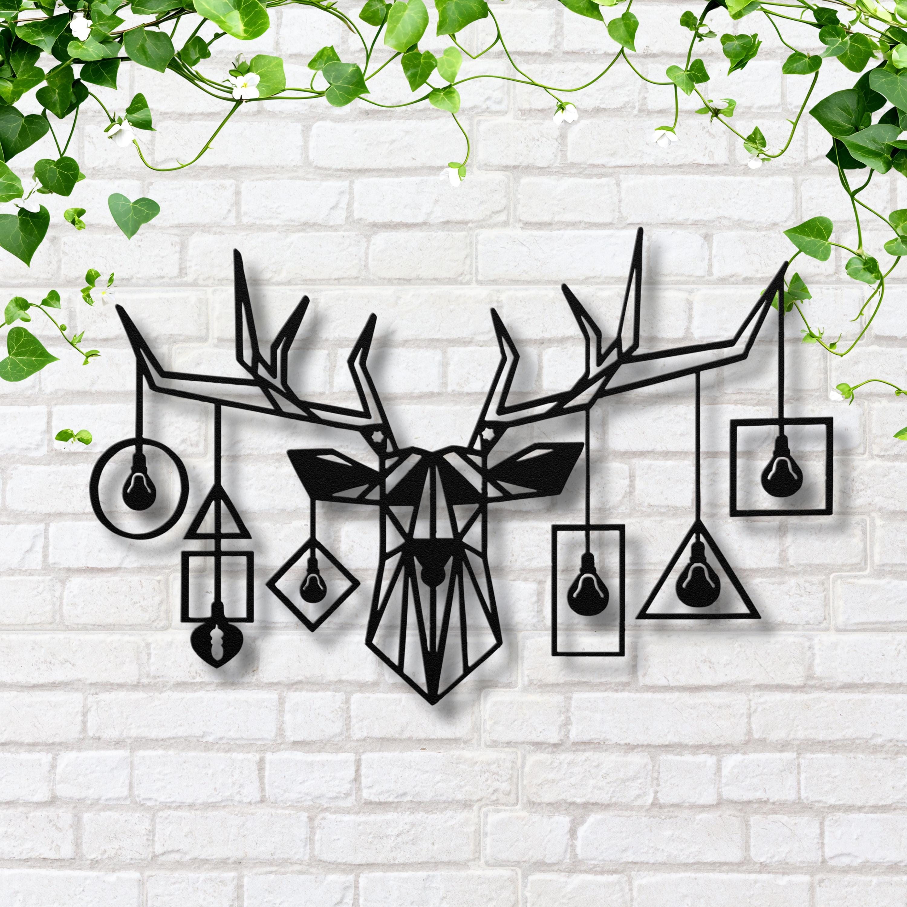 Geometric Stag Metal Wall Art, Deer Head with Bulbs, Modern Industrial Sign, Antler Art