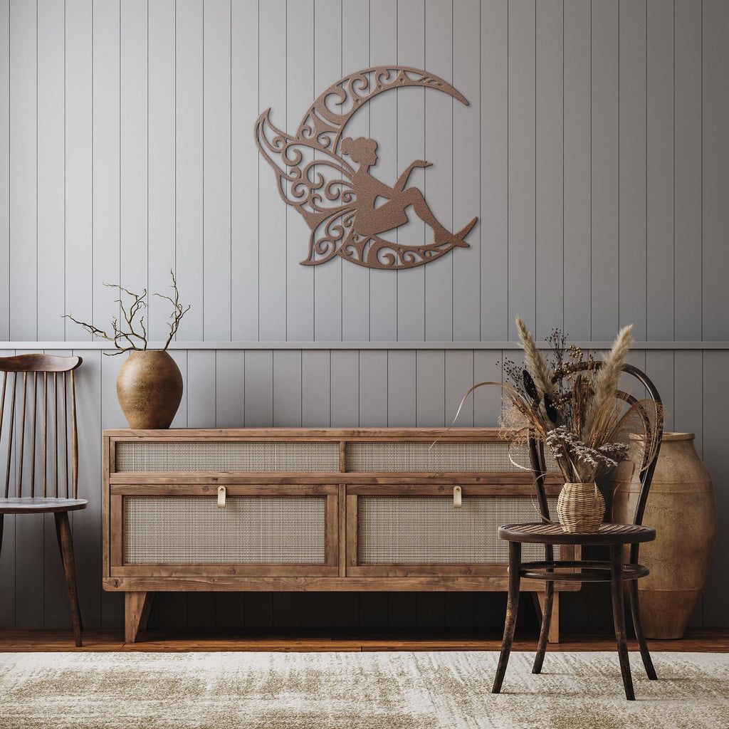 Fairy Metal Art – Crescent Moon Sign | Whimsical Wall Decor, Unique Black Nursery Hanging