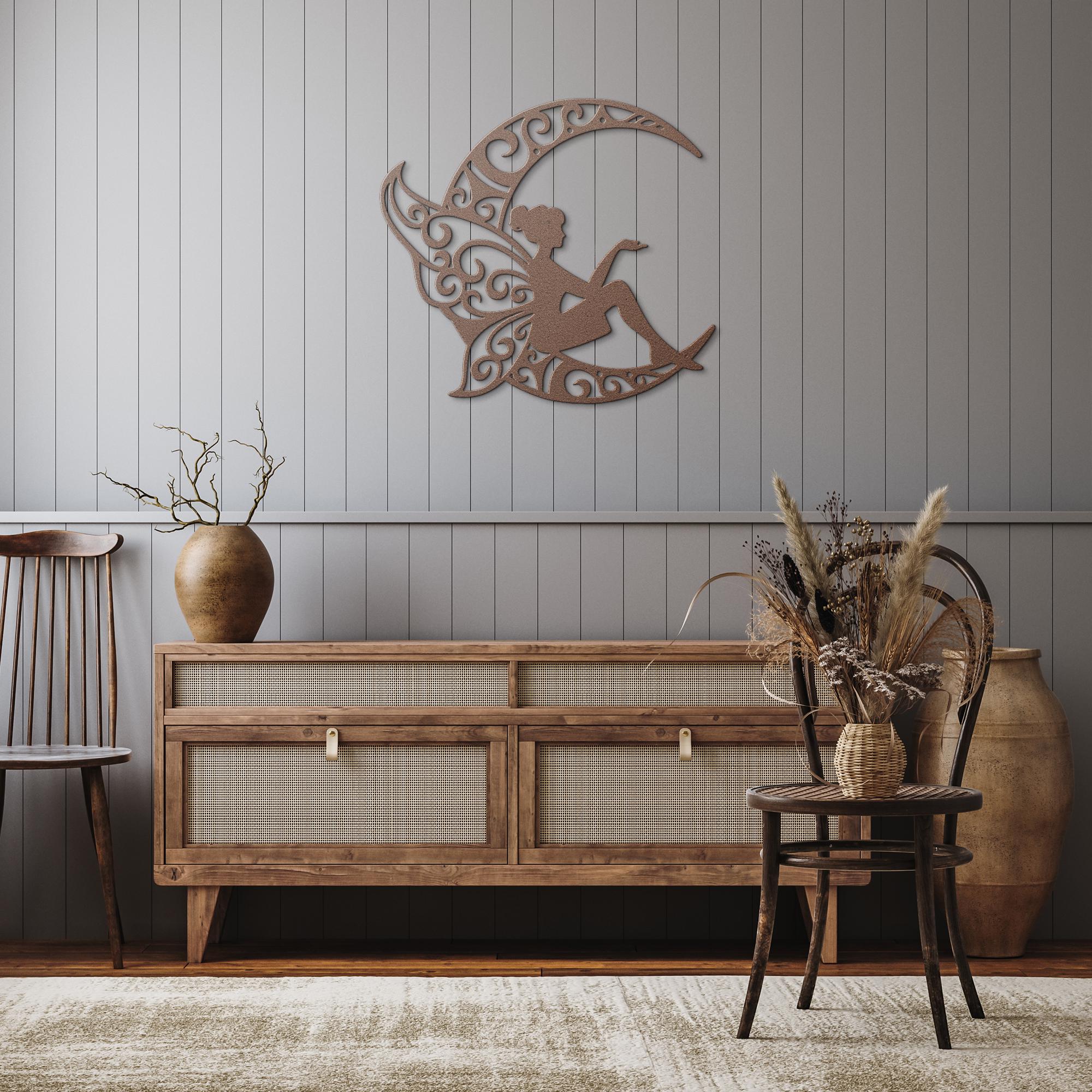 Fairy Metal Art – Crescent Moon Sign | Whimsical Wall Decor, Unique Black Nursery Hanging