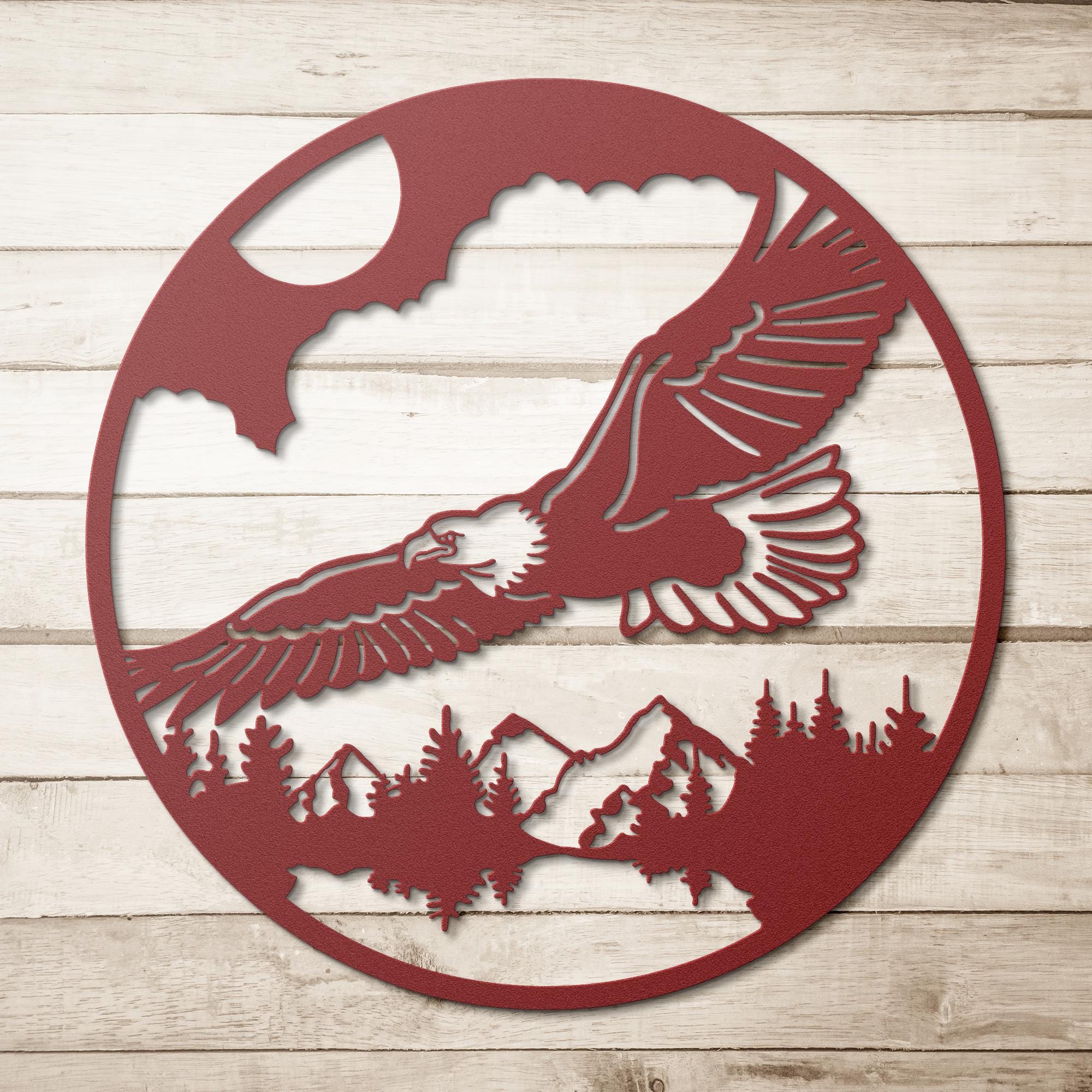 Bald Eagle Metal Wall Art, Mountain Landscape Sign, Patriotic Outdoor Cabin Decor