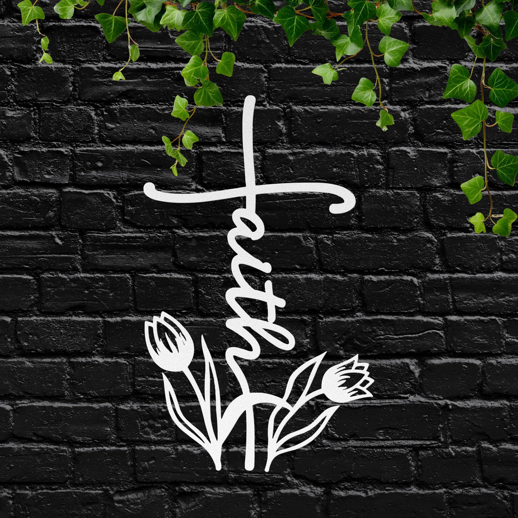Faith Cross Metal Wall Art, Tulip Flower Christian Sign, Religious Home Decor Gift