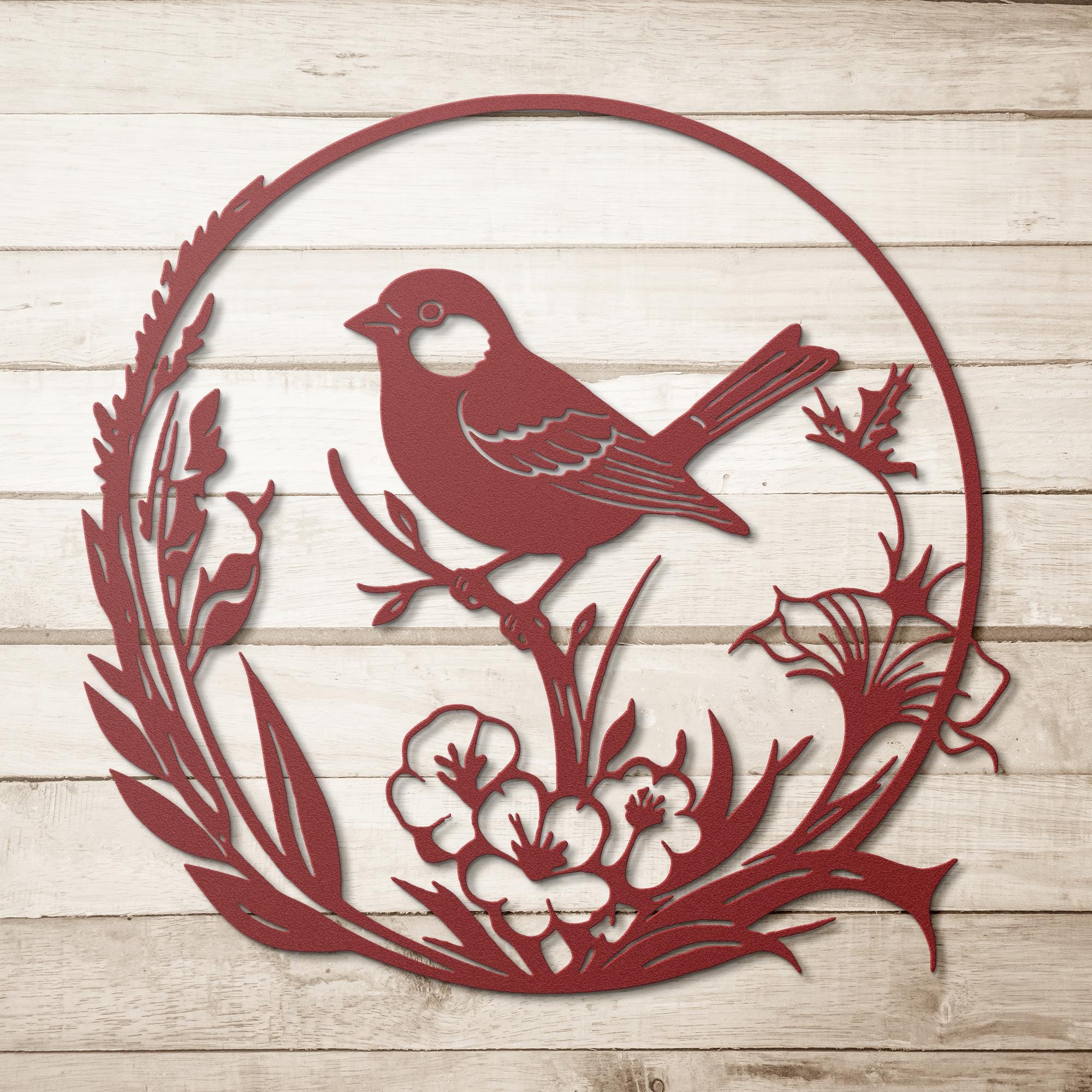 Metal Bird Wall Art, Floral Branch Silhouette, Nature Inspired Decor
