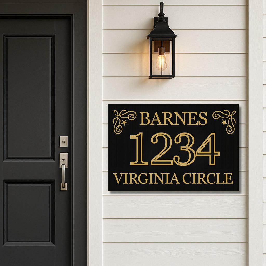 Personalized Metal Address Plaque, House Number Sign, Custom Last Name Decor, Gold and Black Curb Appeal, Baroque Style Gift