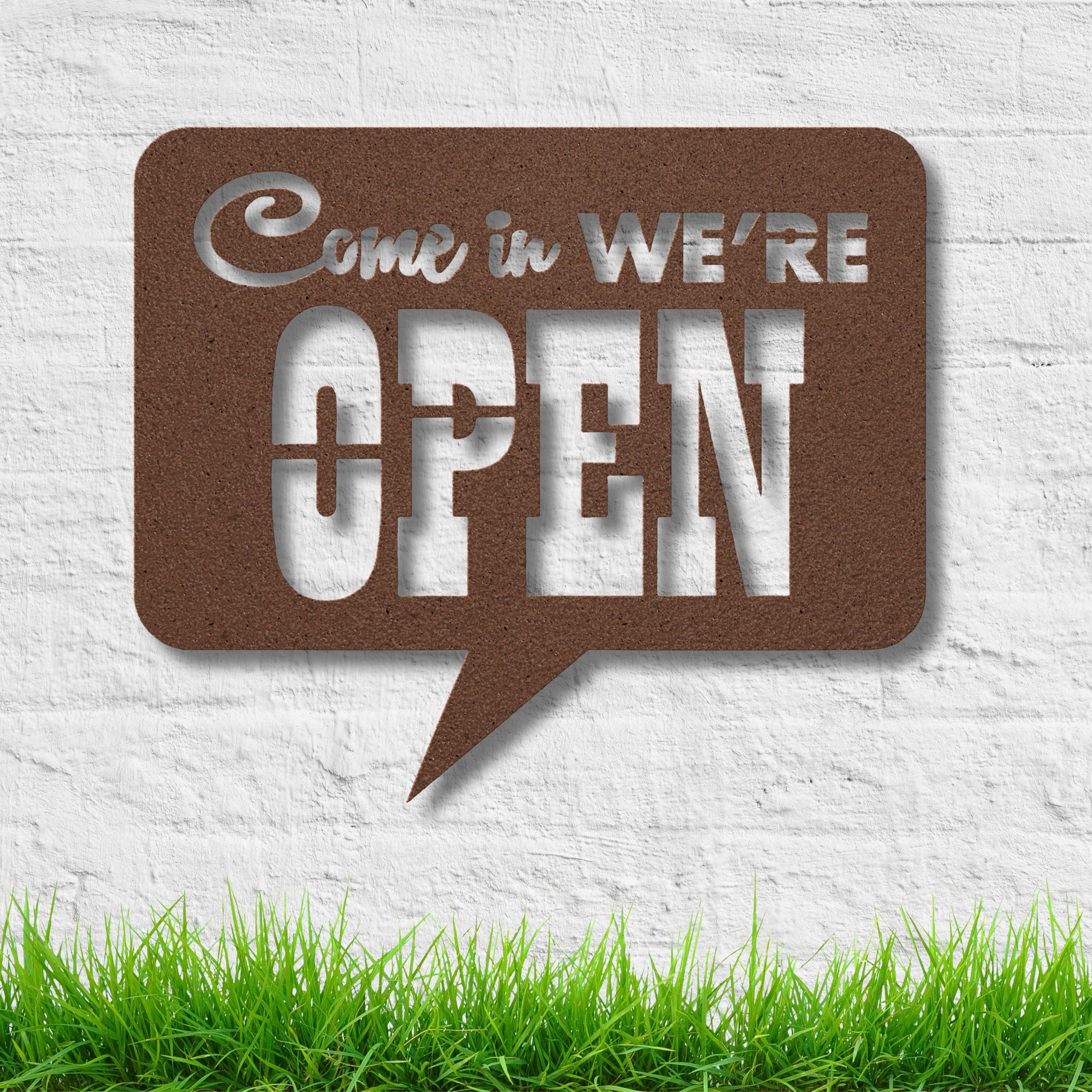 Come In We're Open Speech Bubble Die-Cut Metal Sign, Business Store Door Decor
