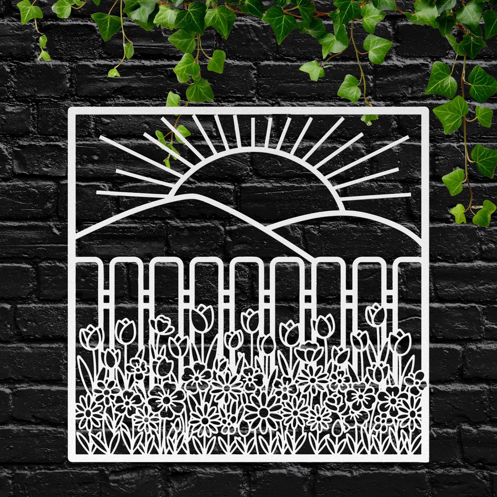 Metal Garden Fence Wall Art, Sunrise Landscape, Spring Flowers