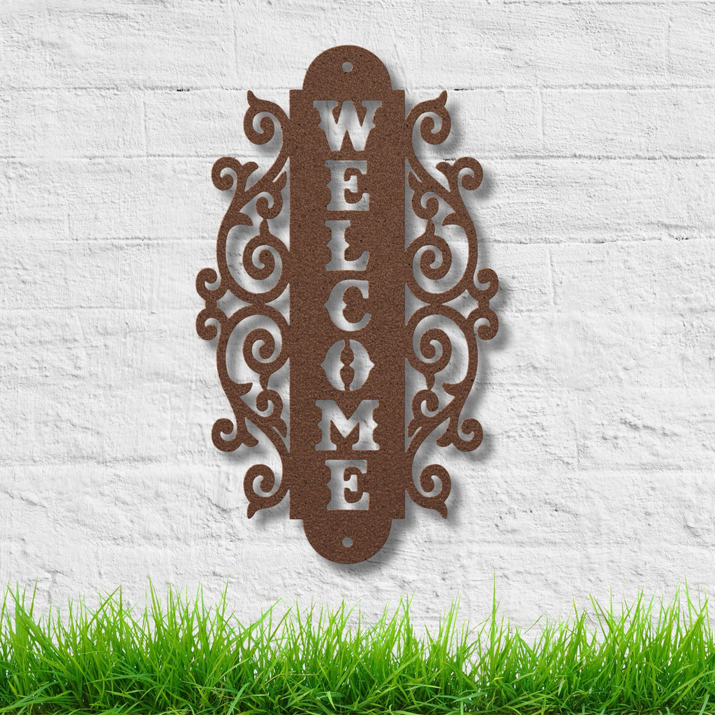 Vertical Welcome Metal Sign, Ornate Scroll Door Decor, Elegant Front Porch Wall Art