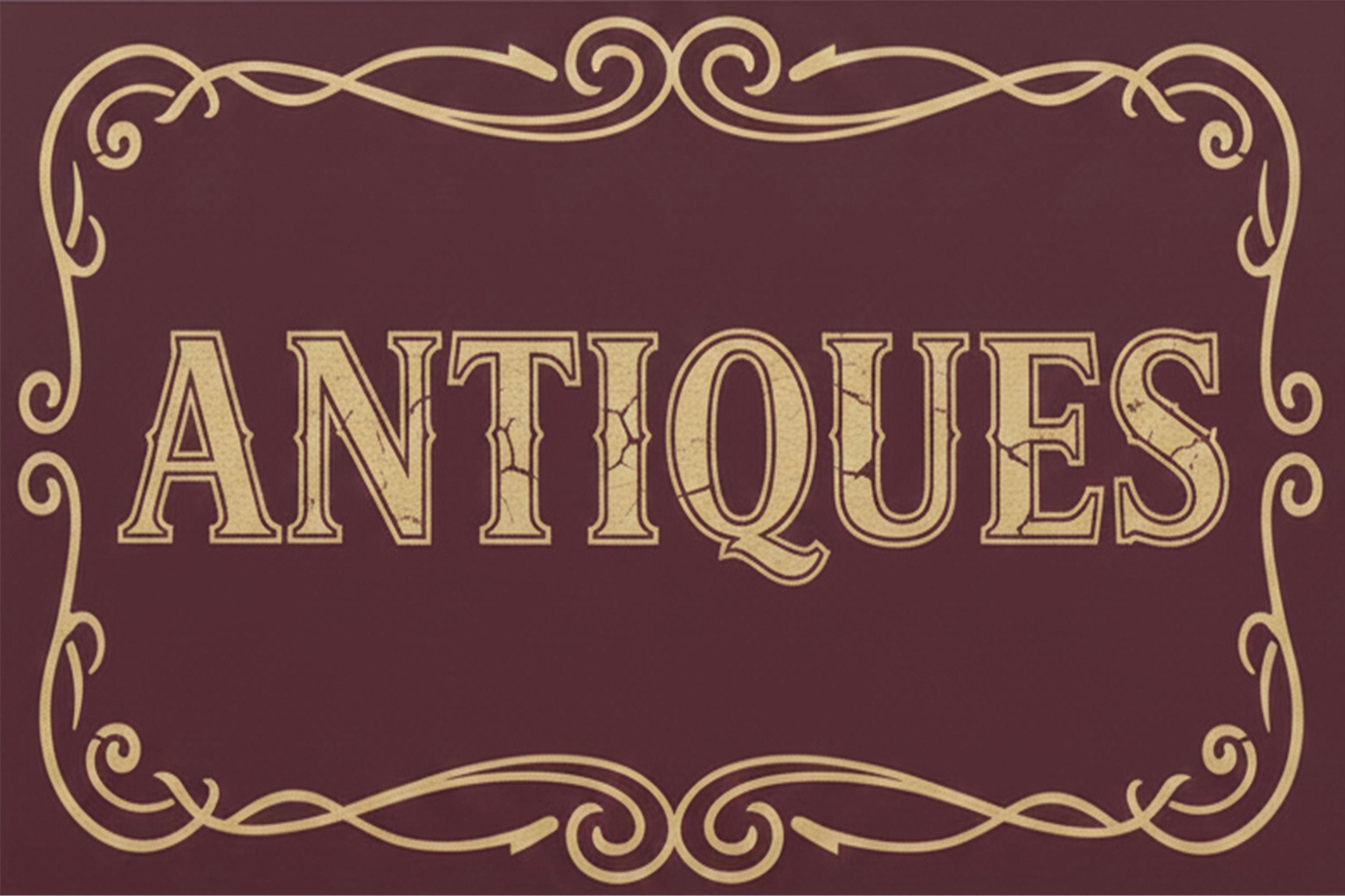 Vintage Antiques Metal Sign, Rustic Shop Wall Decor, Maroon Antique Store Art, Distressed Look