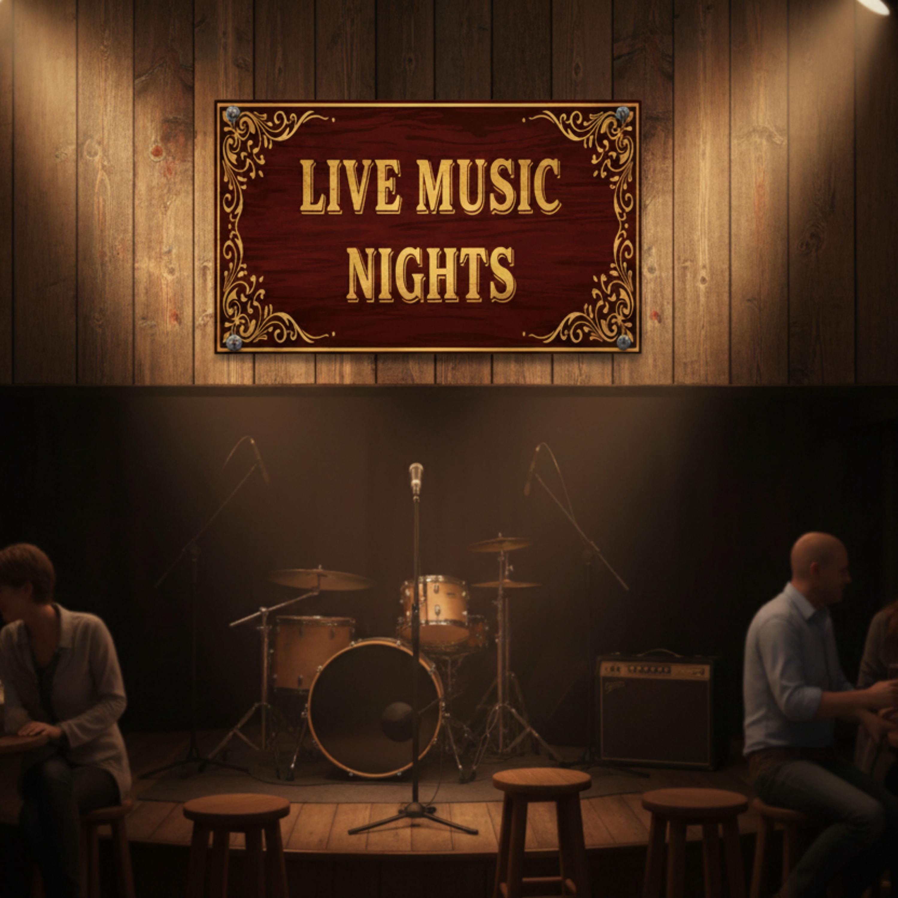 Live Music Nights Metal Sign, Gold Vintage Bar Decor, Pub Man Cave Wall Art, Speakeasy Piano Room