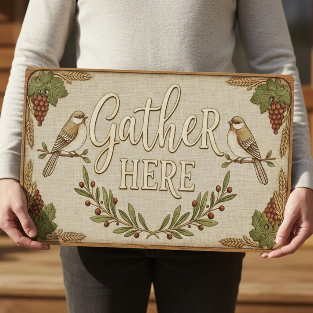 Rustic Metal Sign - Farmhouse Wall Art | Gather Here Decor | Cozy Kitchen Dining Plaque