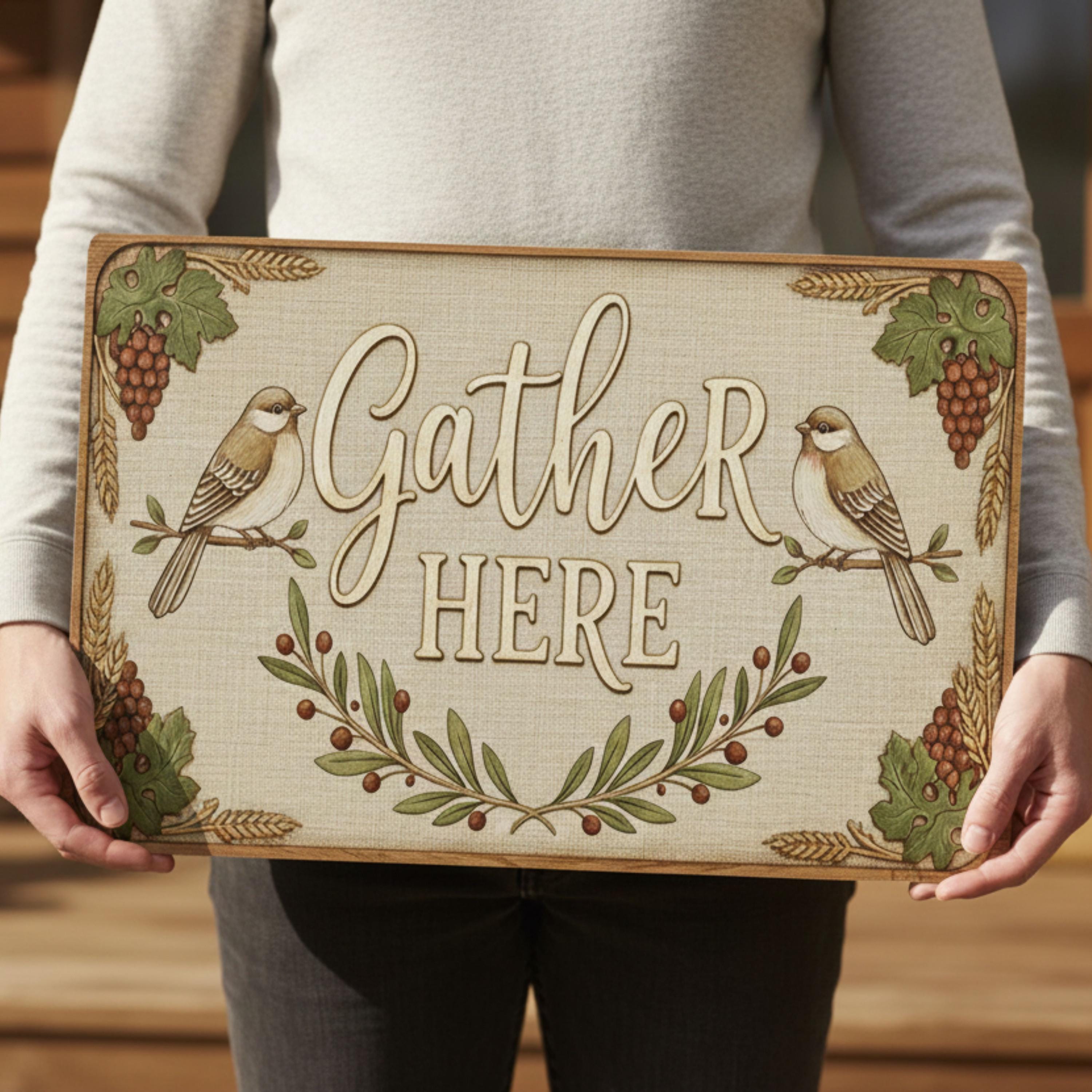 Rustic Metal Sign - Farmhouse Wall Art | Gather Here Decor | Cozy Kitchen Dining Plaque