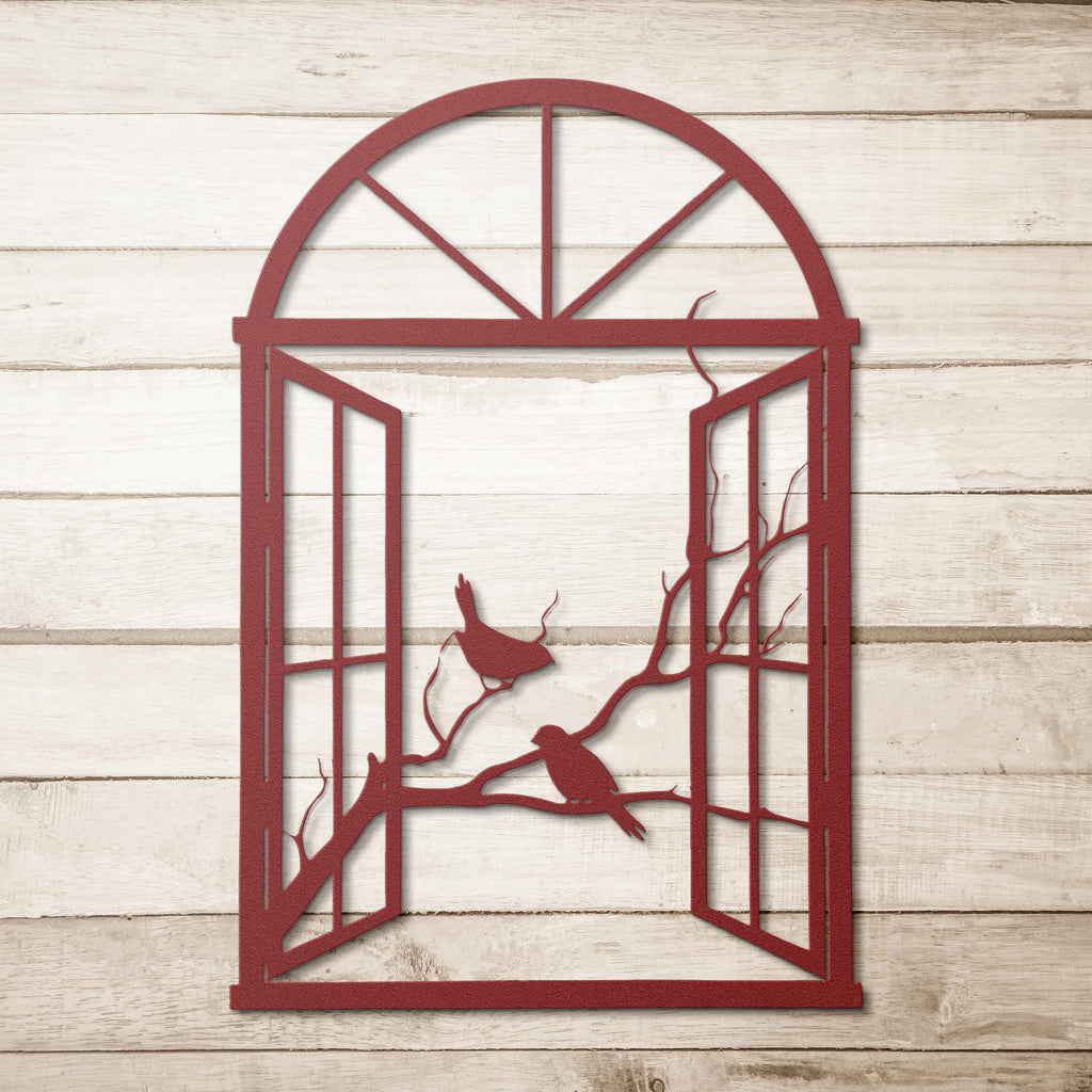 Open Window Birds on Branch Metal Wall Art, Rustic Farmhouse Silhouette Sign, Arch Window Die Cut Decor, Nature Lover Housewarming